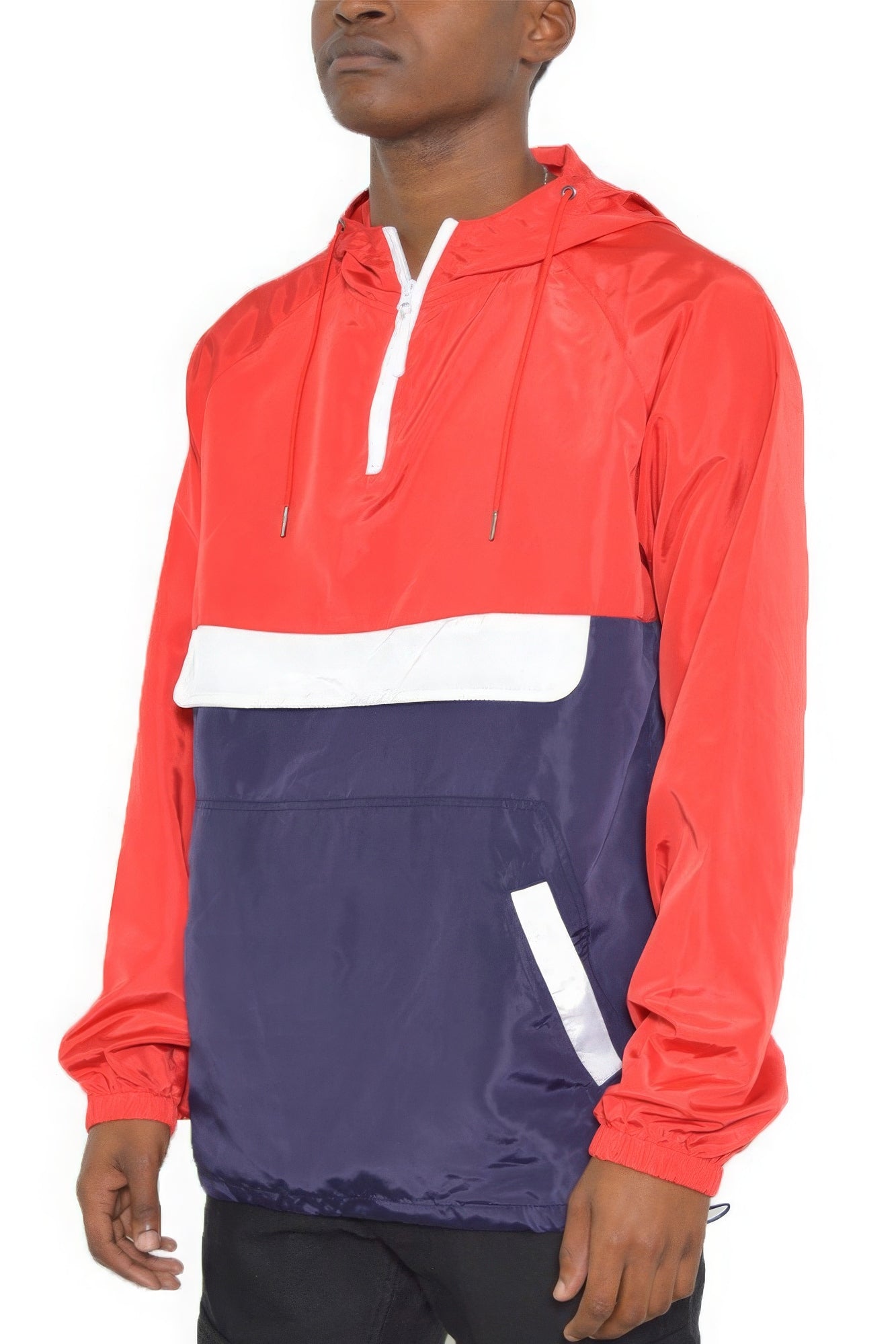 Red and navy color-block anorak windbreaker pullover with hood and white trim