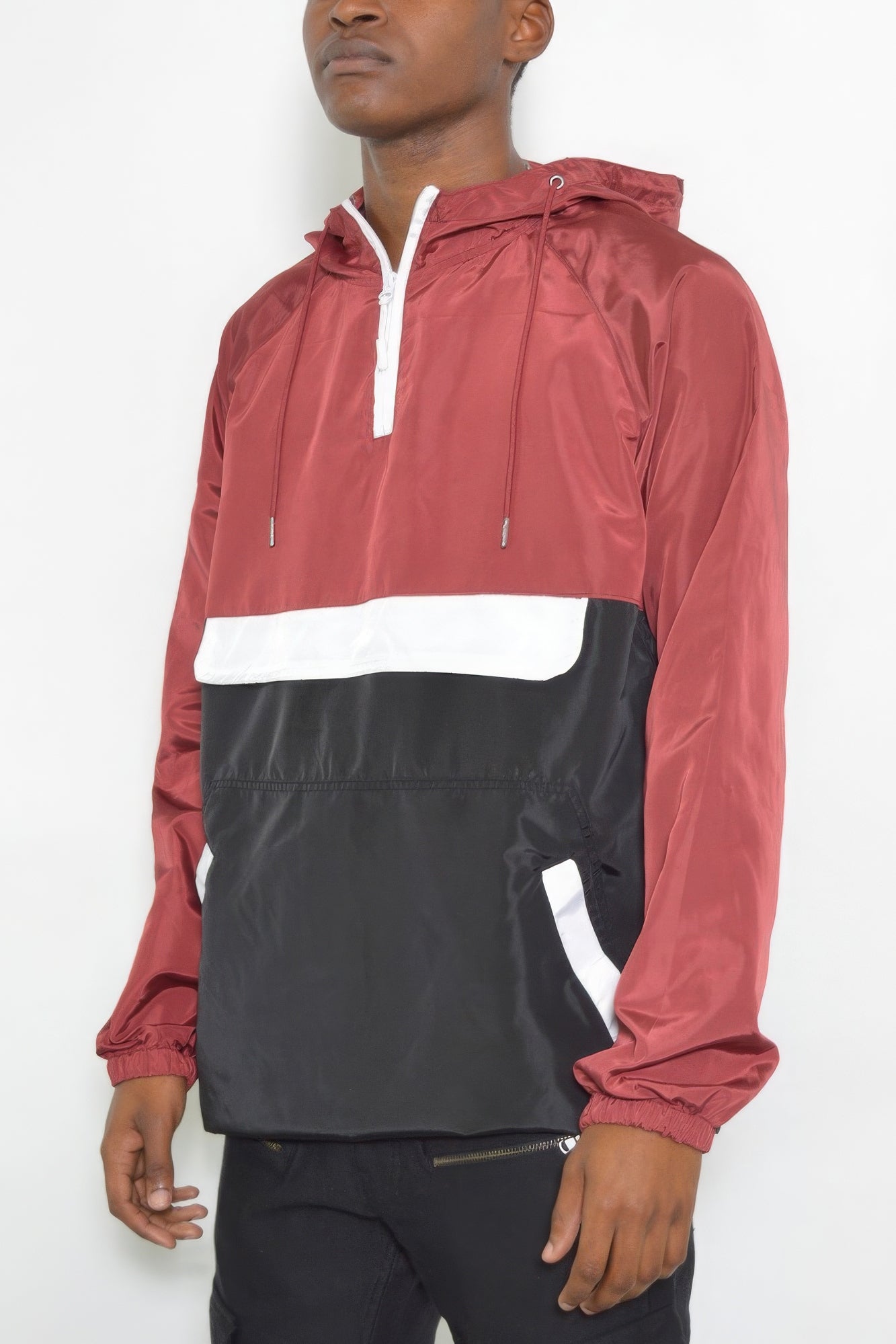 Burgundy and black color-block anorak windbreaker pullover with hood and white trim