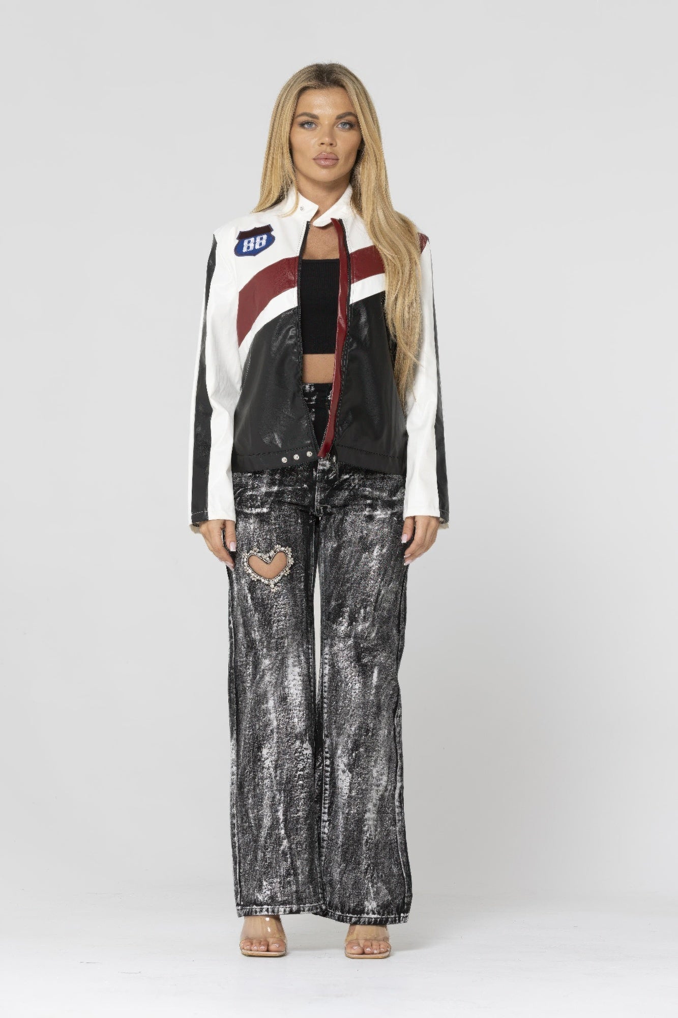 Color-block PU leather jacket, collared, black center with white and burgundy panels