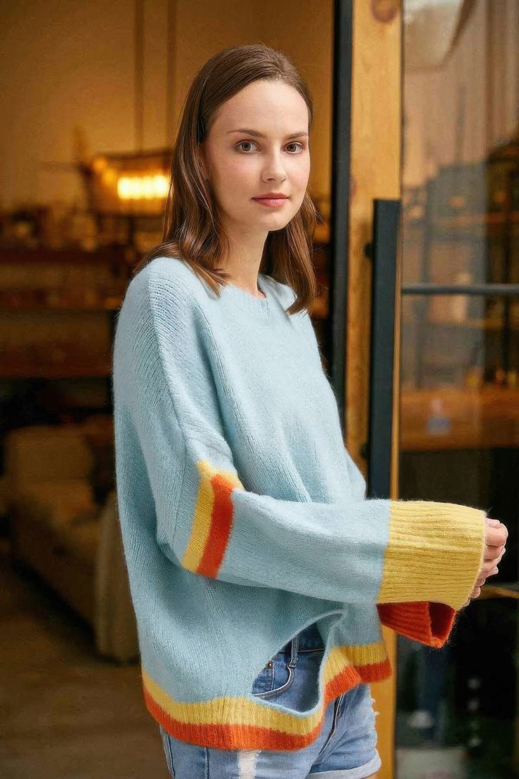 Farbenblock-Pullover hellblau, Ärmelbündchen und Saum gestreift in gelb und orange