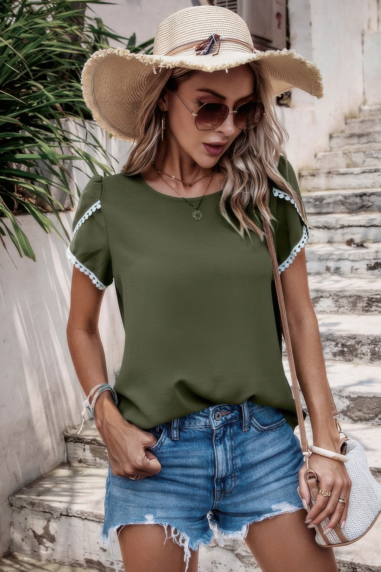 Olive color block trim flutter sleeve round neck top, front view
