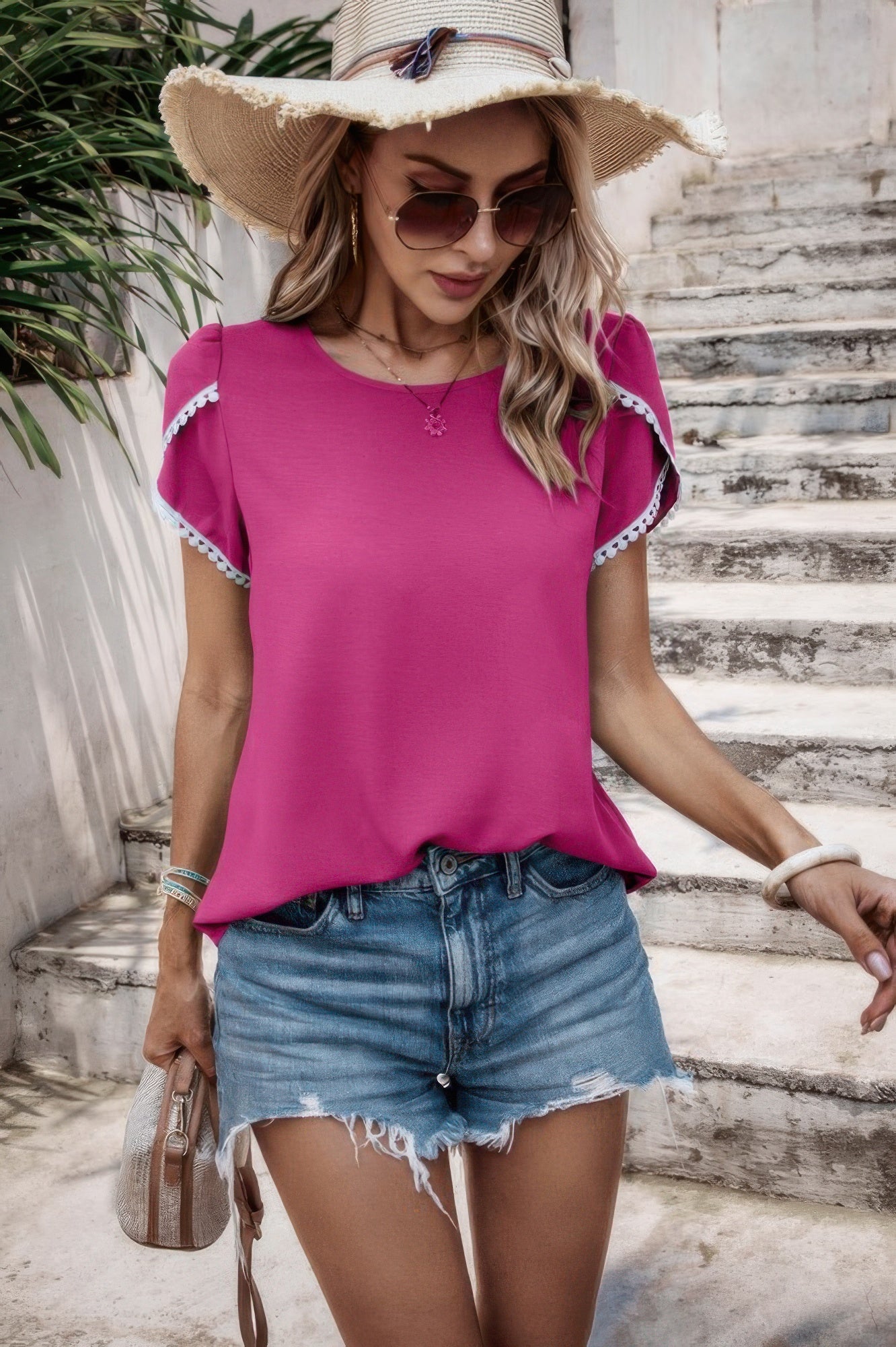 Fuchsia color block trim flutter sleeve round neck top, front view