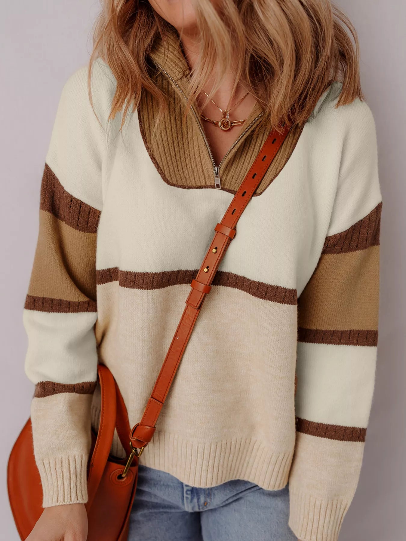 Color Block Zipped Collared Sweater - Tigbul's Variety Fashion Shop