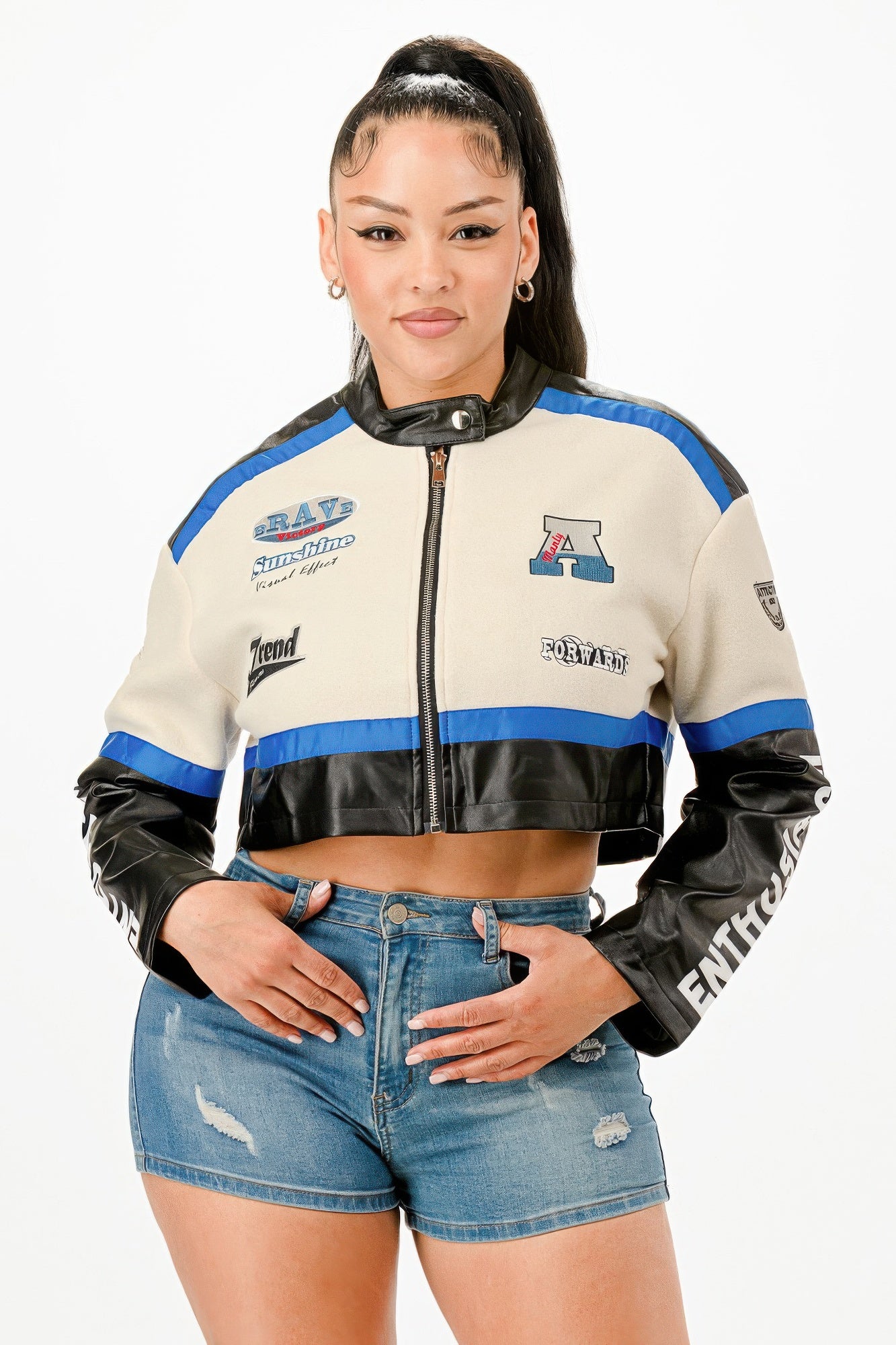 Colorblock crop jacket with blue stripes, front zipper, stand collar, graphic patches on sleeves