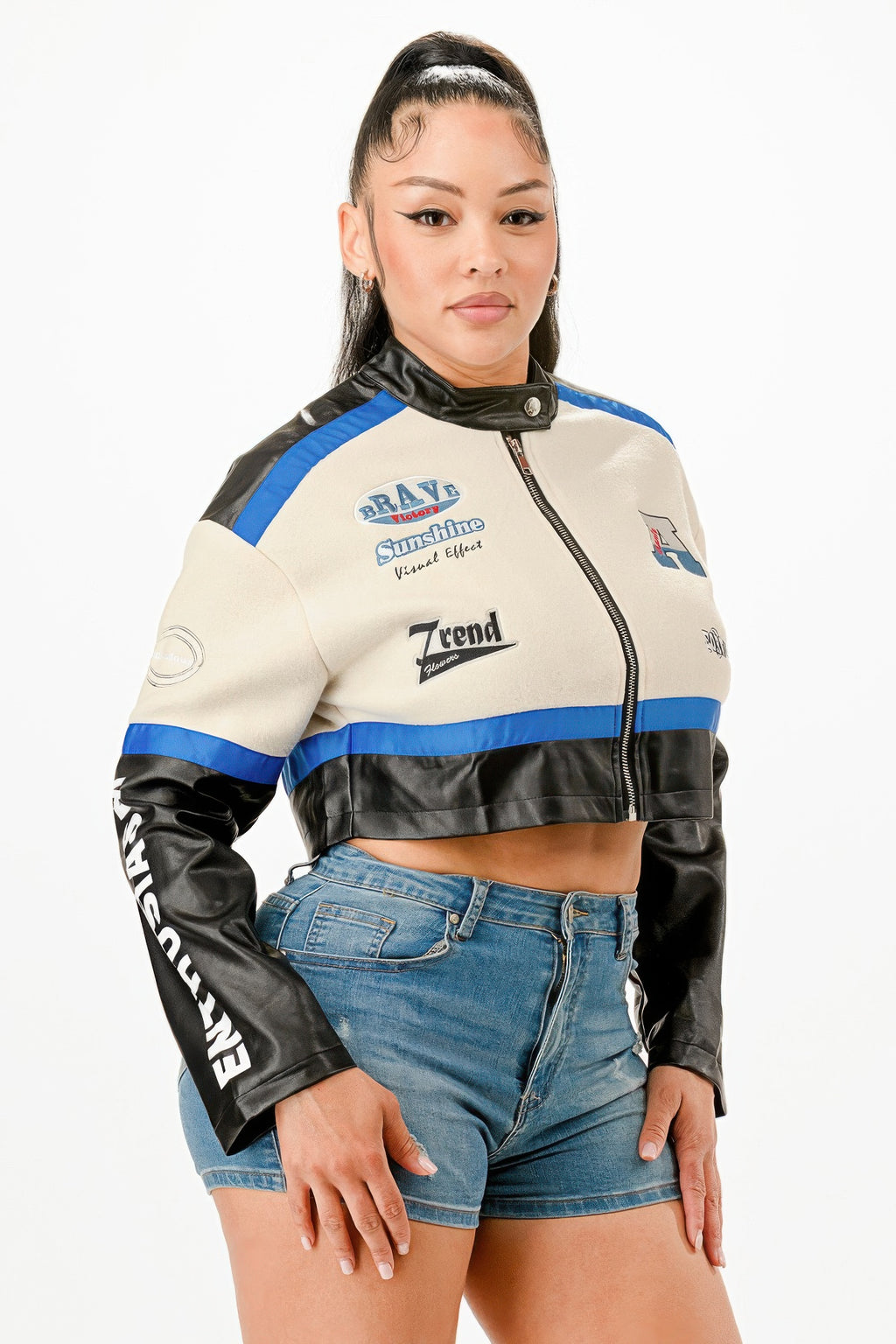 Colorblock crop jacket with blue stripe, black zip front, stand collar, printed chest patches