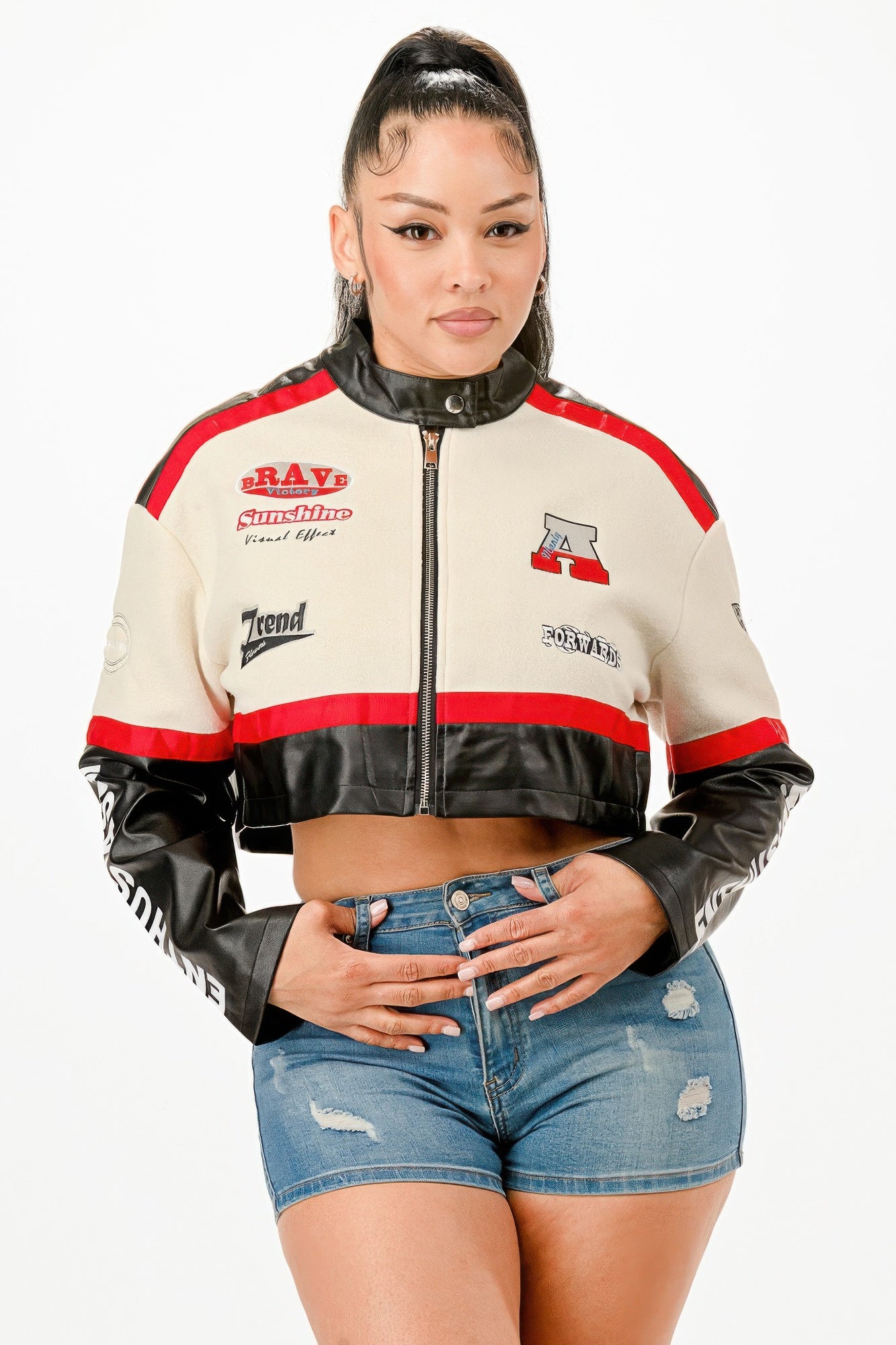 Colorblock crop jacket with red stripes, front zipper, stand collar, graphic chest patch