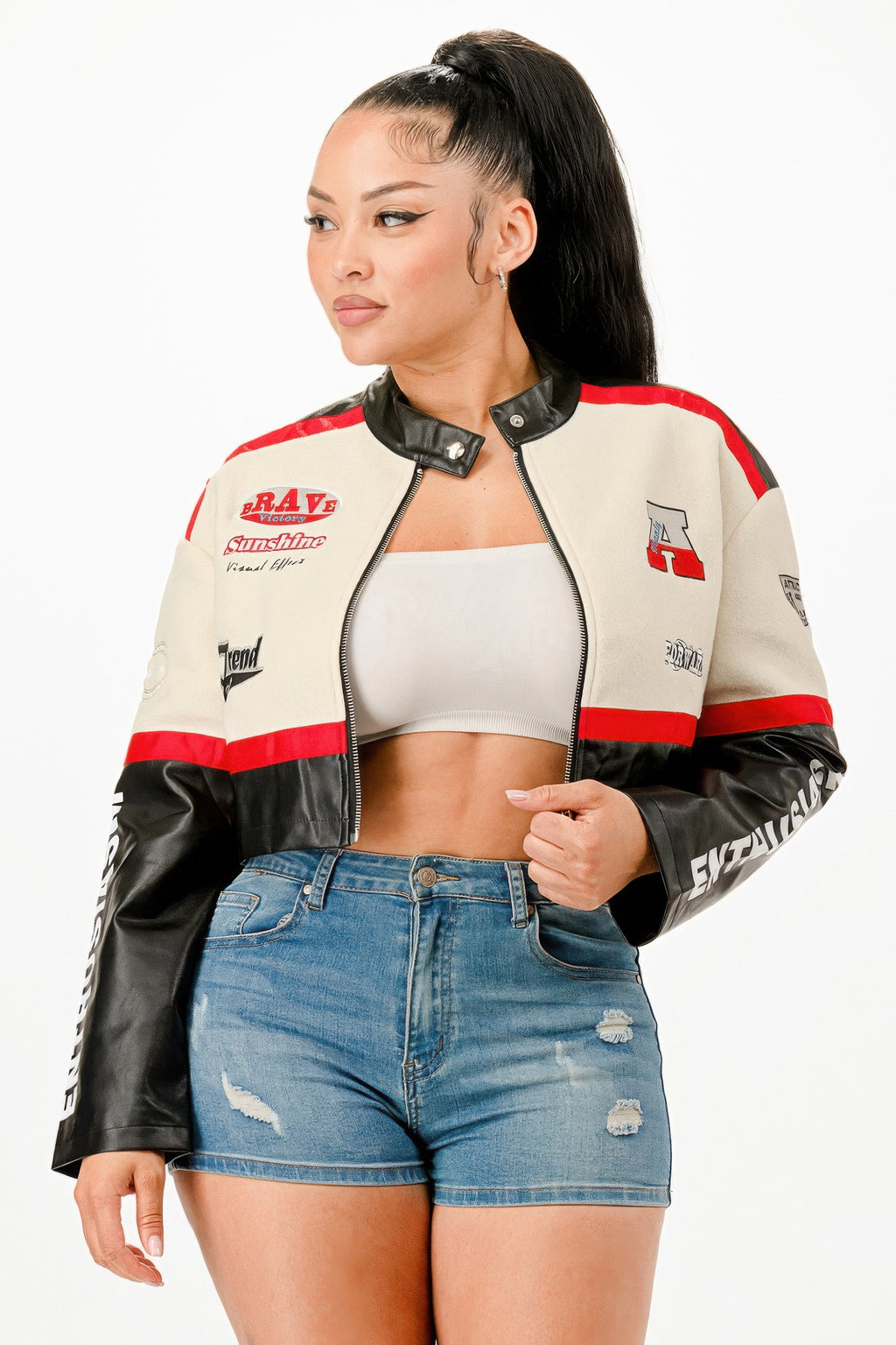 Colorblock crop jacket, front zip with red stripe and black contrast cuffs