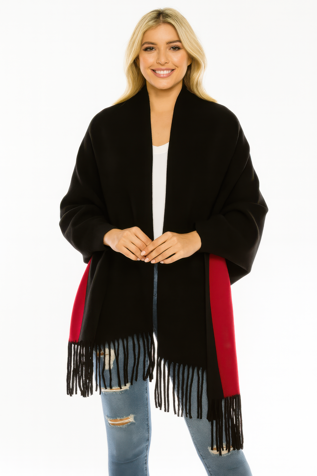 Black open wrap with red side panel and long black fringe trim