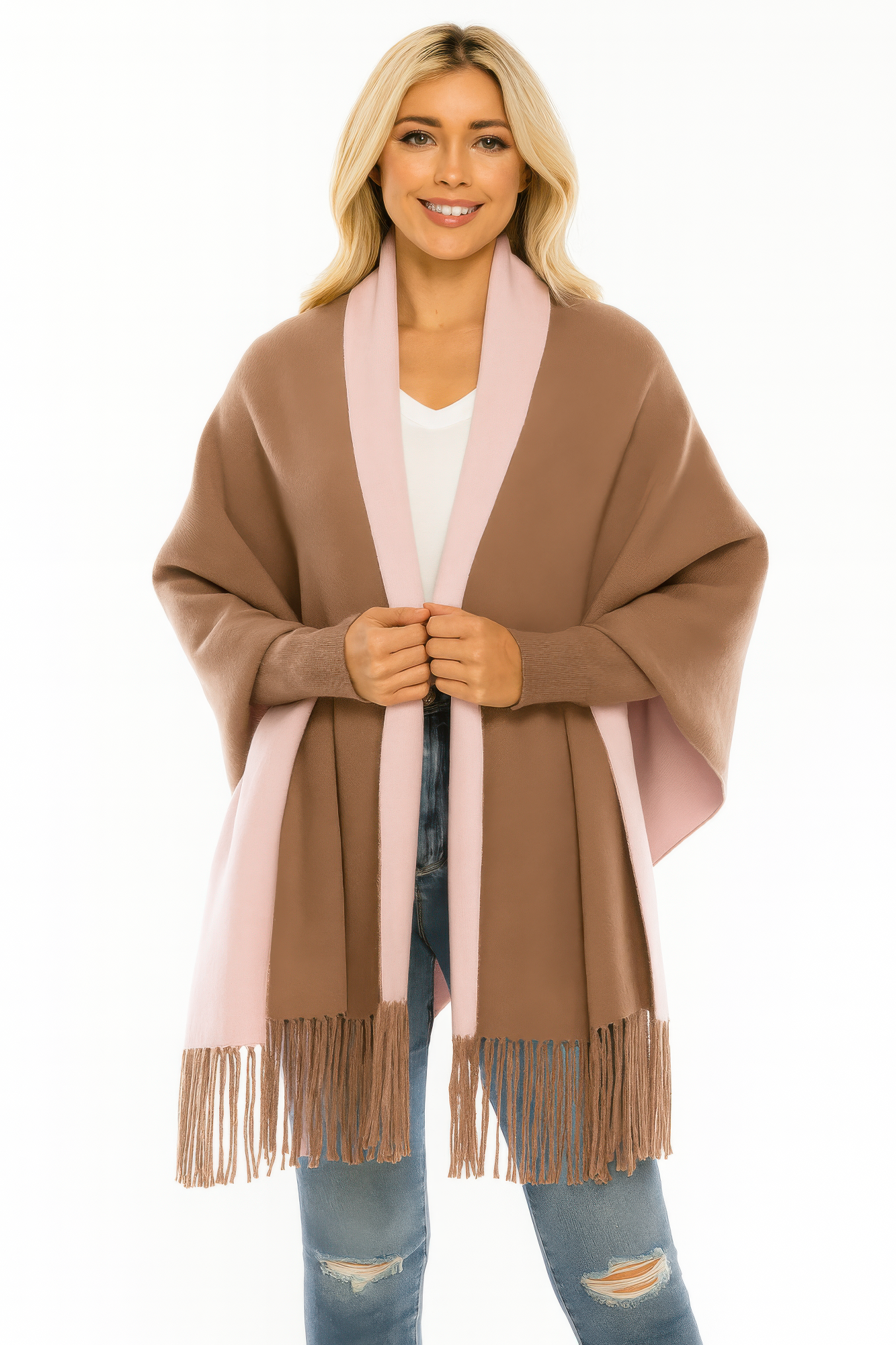Camel open wrap with pale pink border and tan fringe hem