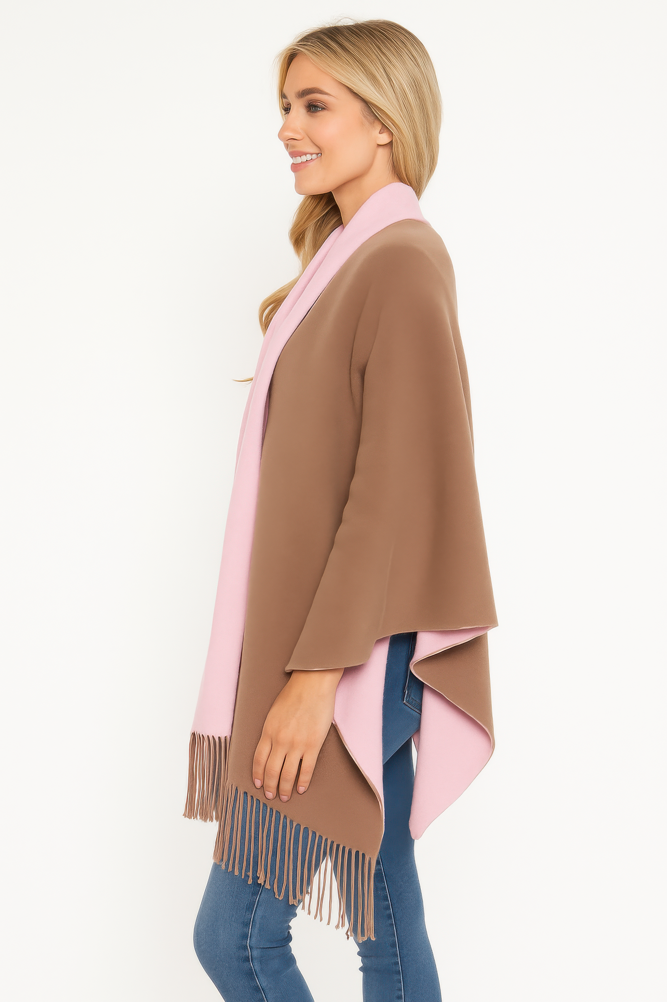 Camel open wrap with pale pink edging and long tan fringe detail