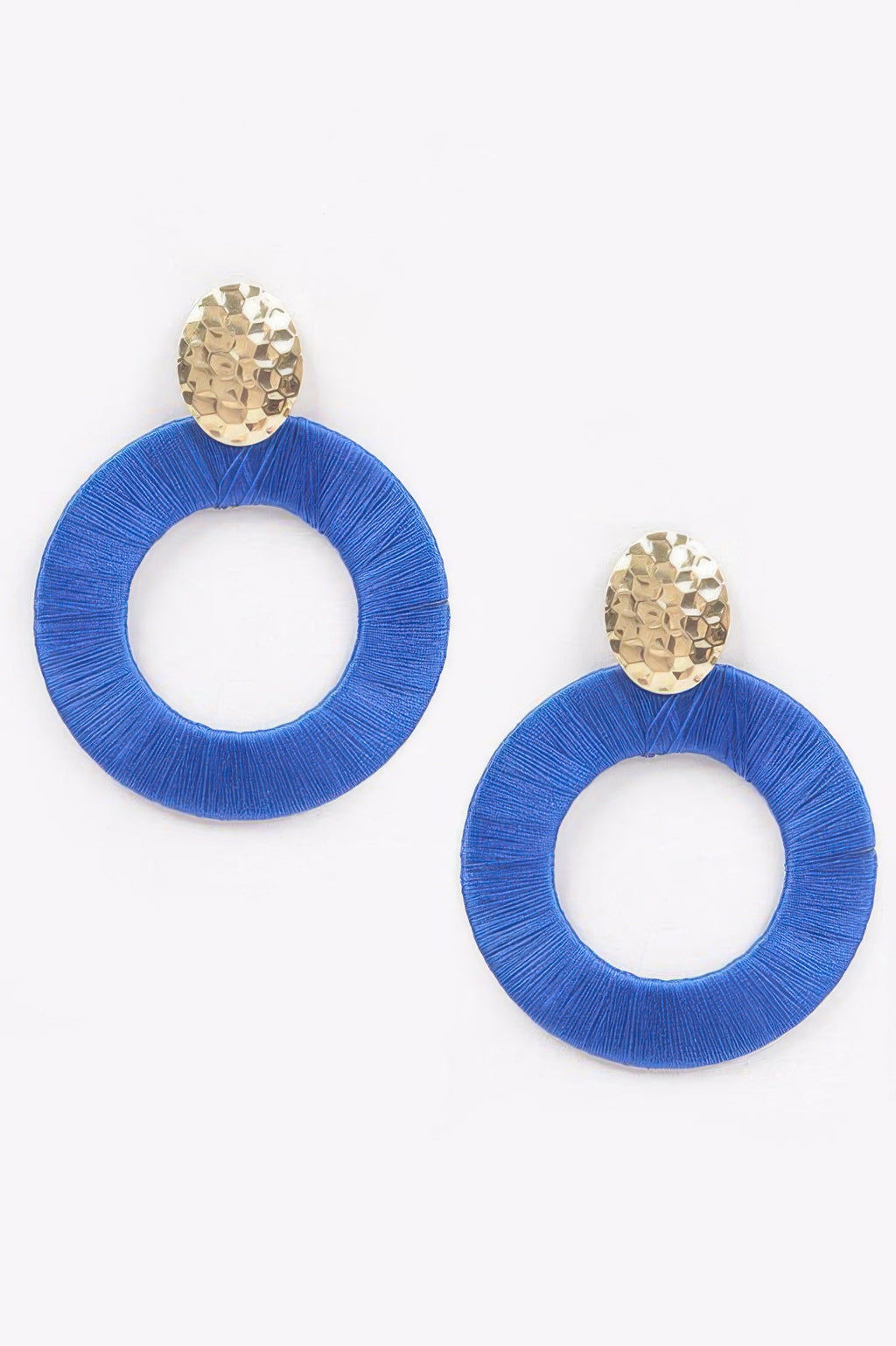 Colorful thread hoop earrings, cobalt blue circular hoops with gold-toned stud tops.