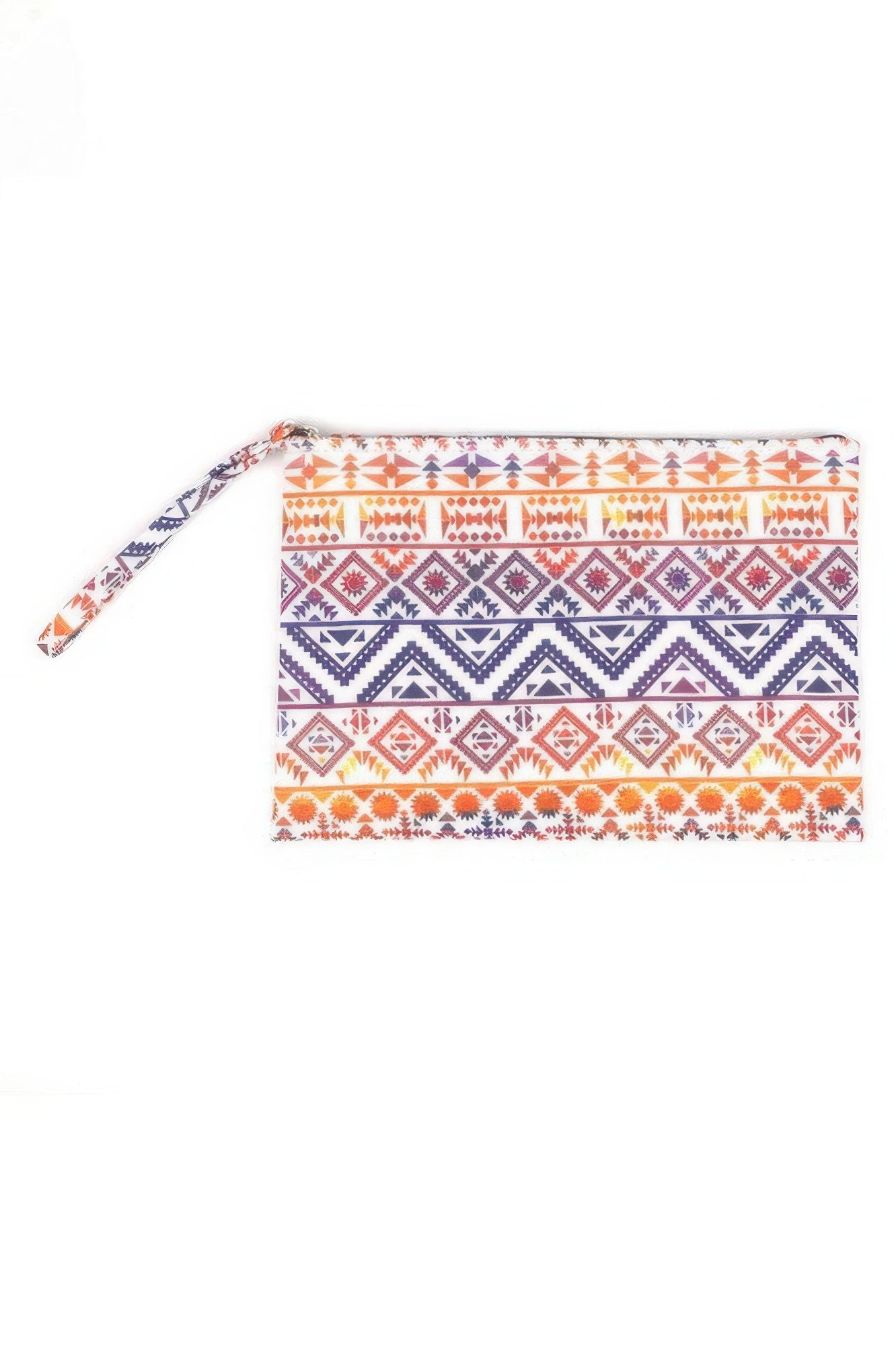 Colorful tribal pouch with zipper top and wrist strap, multicolor geometric pattern