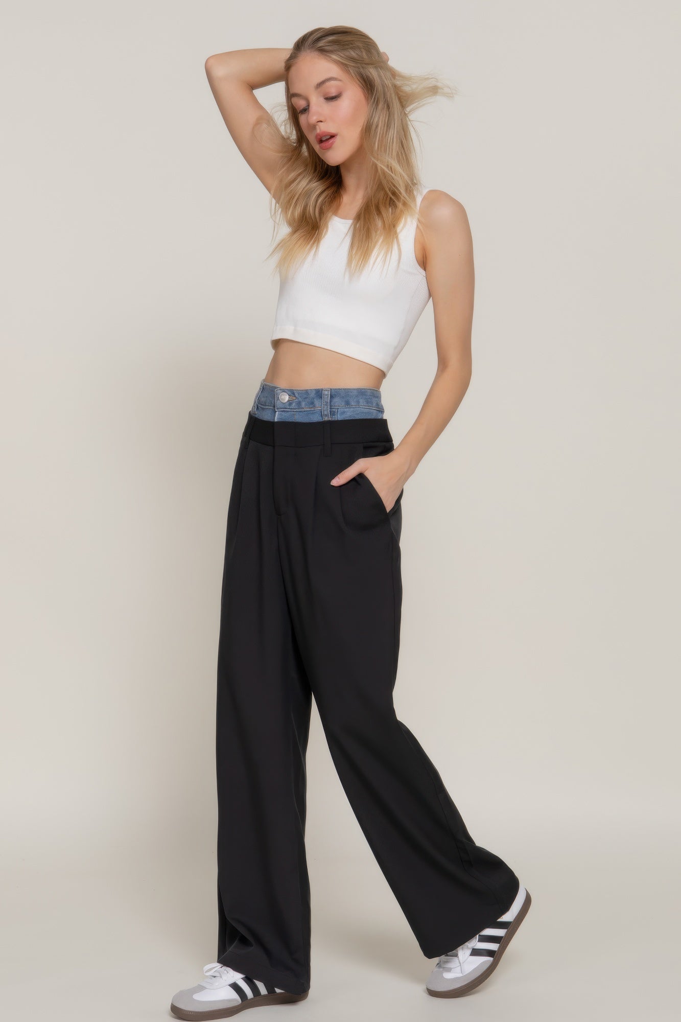 Black straight long pants with blue contrast denim waistband and wide legs