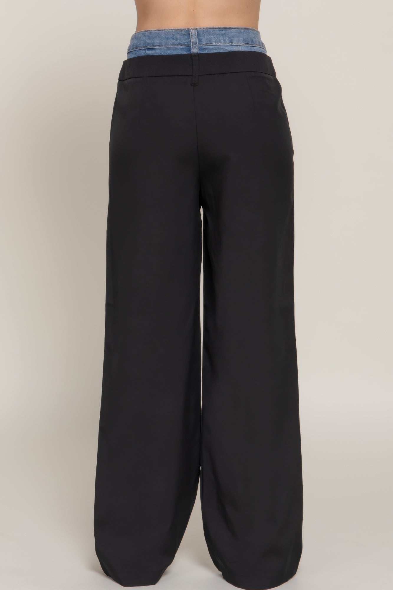 Black straight wide-leg pants back view with contrast denim waistband