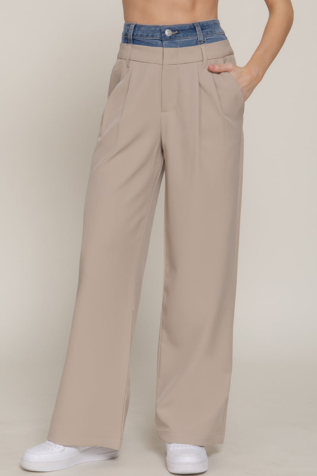 Taupe straight long pants with blue contrast denim waistband and wide leg opening