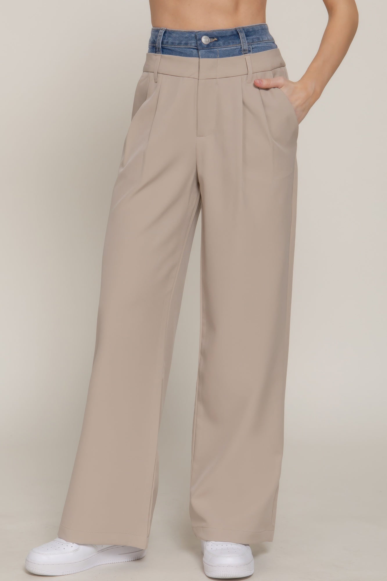 Taupe straight long pants with blue contrast denim waistband and wide leg opening