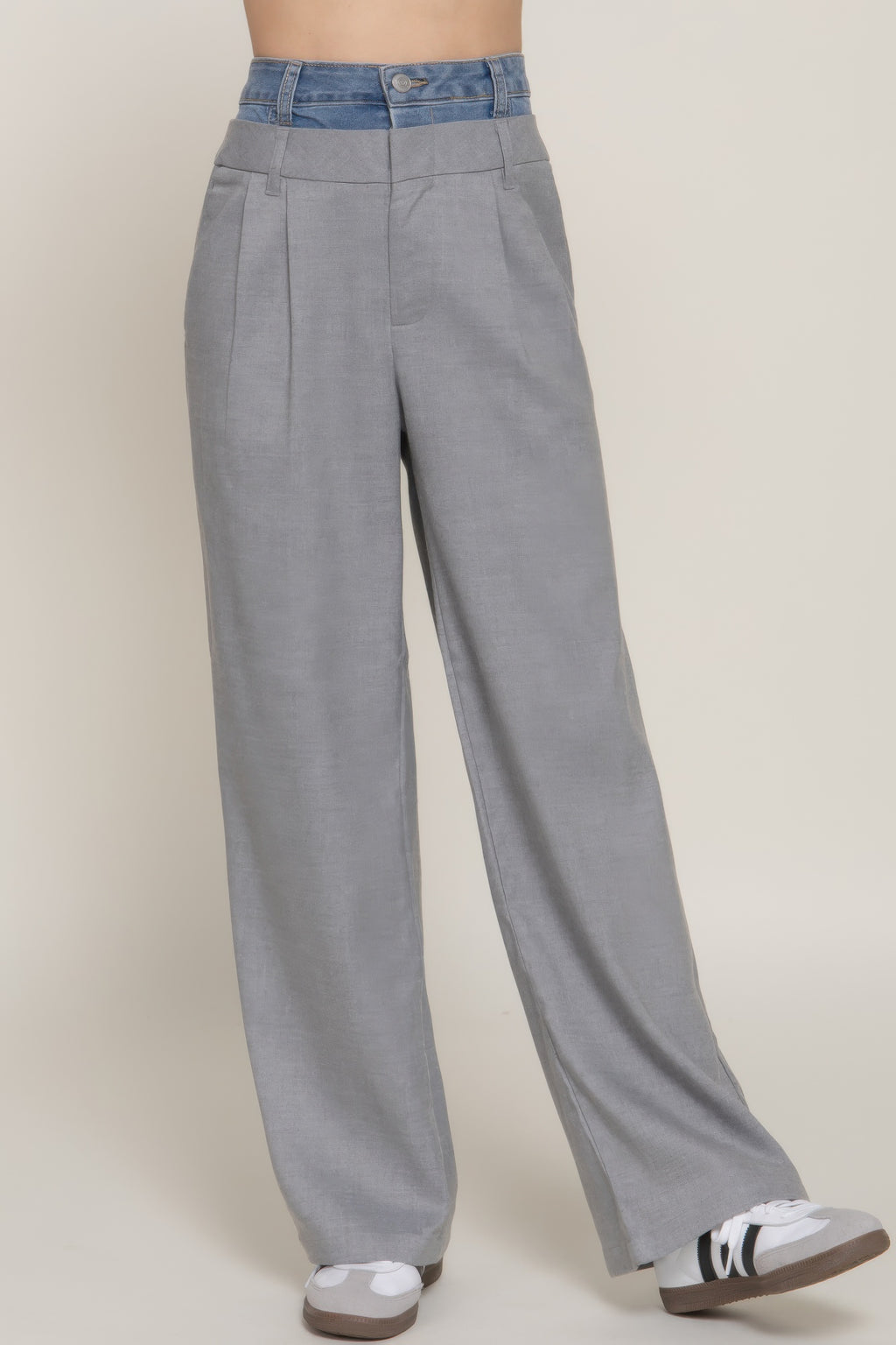 Heather grey straight denim pants with contrast blue waistband, front darts and slant pockets