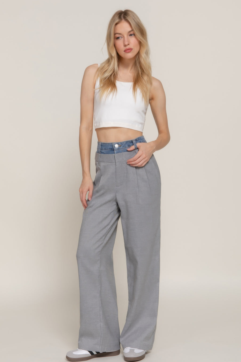 Heather grey straight long pants with blue contrast denim waistband and front pockets