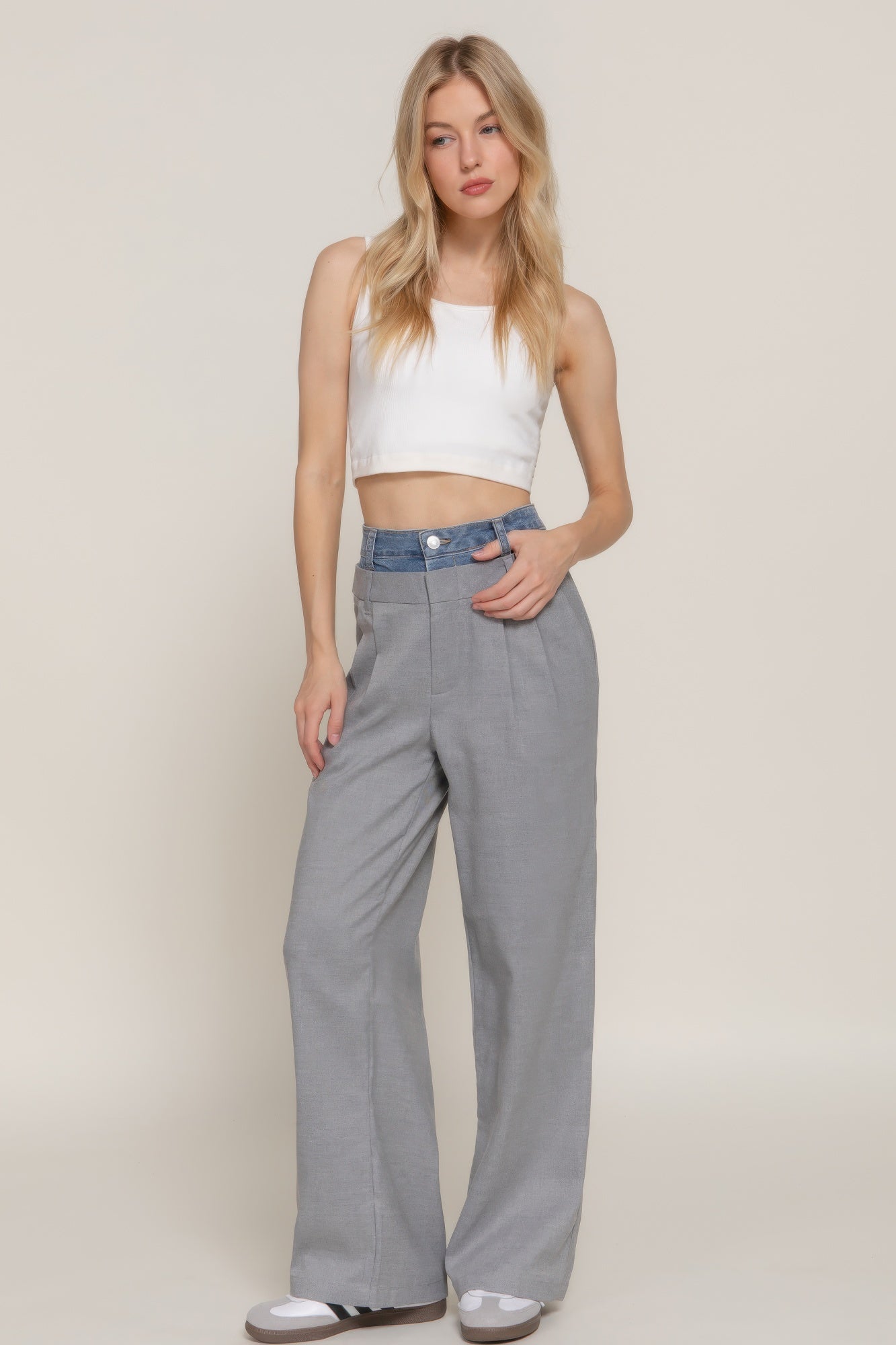 Heather grey straight long pants with blue contrast denim waistband and front pockets