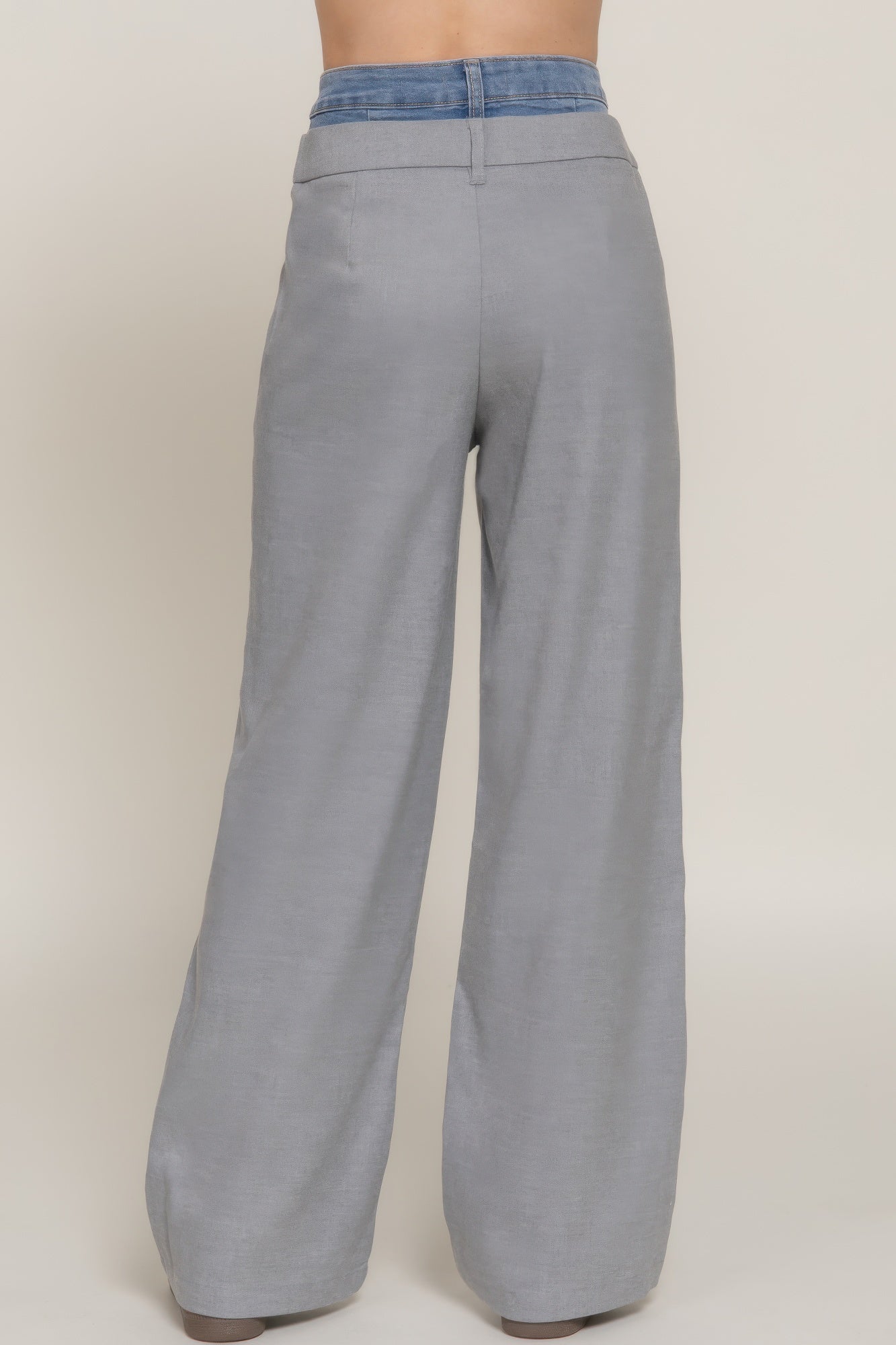 Heather grey wide straight denim pants with contrast blue waistband, back center seam