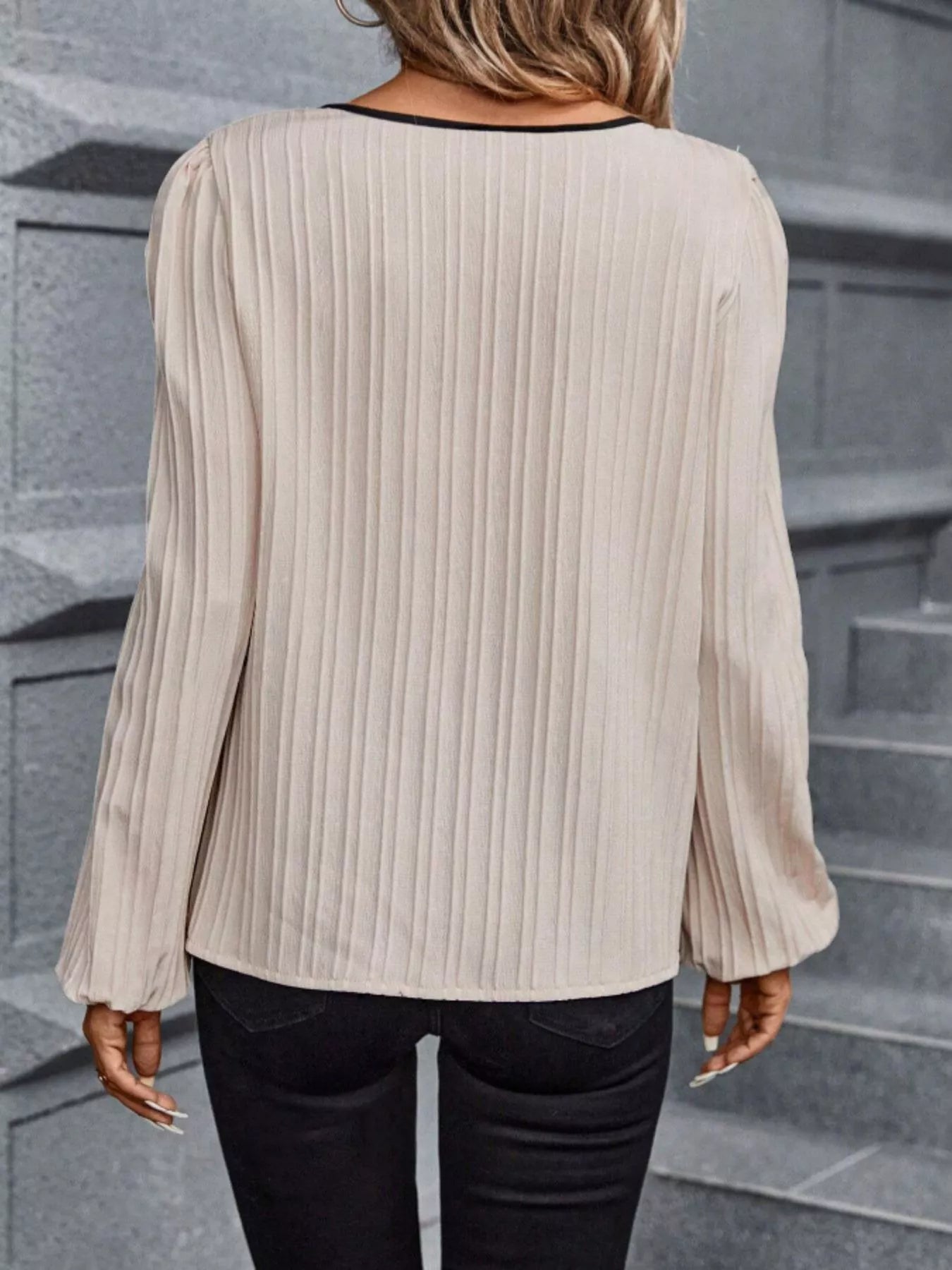 Contrast Notched Long Sleeve Blouse - Tigbul's Variety Fashion Shop