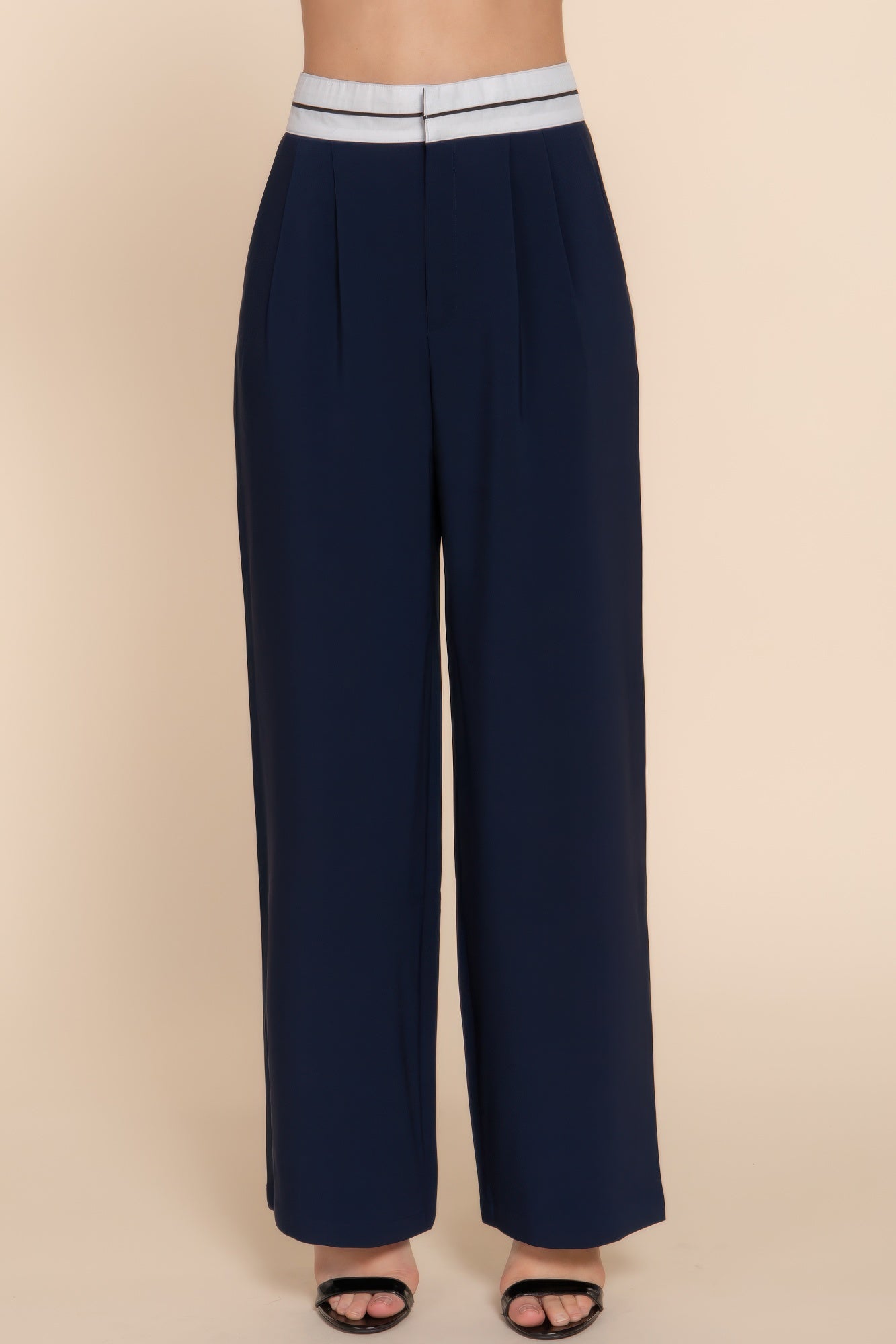 Contrast waistband straight long pants in dark navy with elastic waist