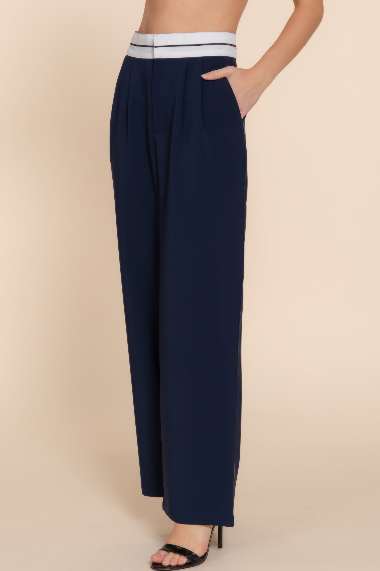 Dark navy straight long pants, front pleats and contrast waistband
