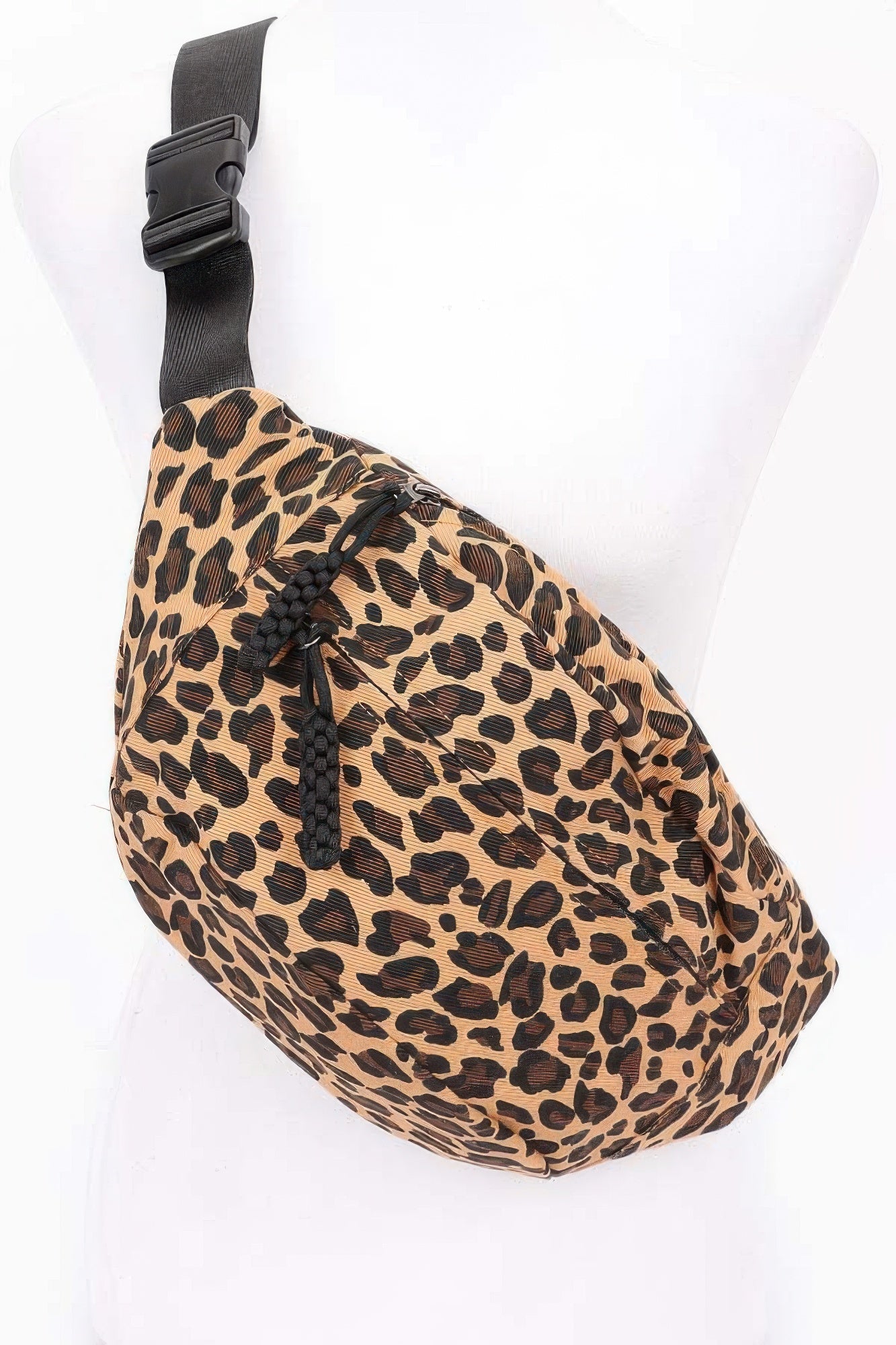Leopard Canvas Crossbody Bag mit schwarzem Gurt, Kordelzug am Reißverschluss