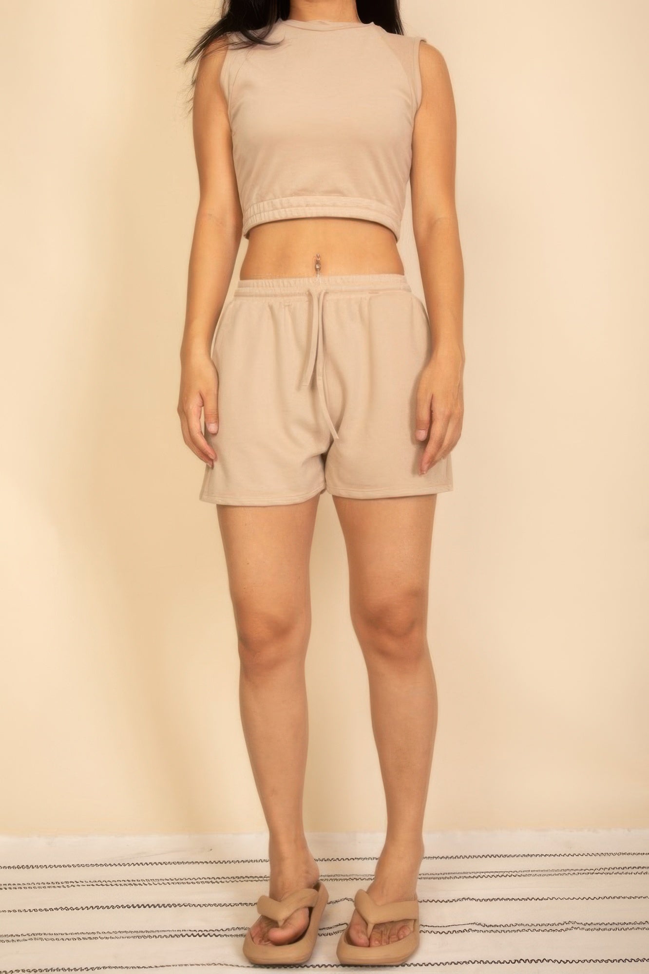 Sand beige crop top and drawstring shorts set, sleeveless cotton French terry