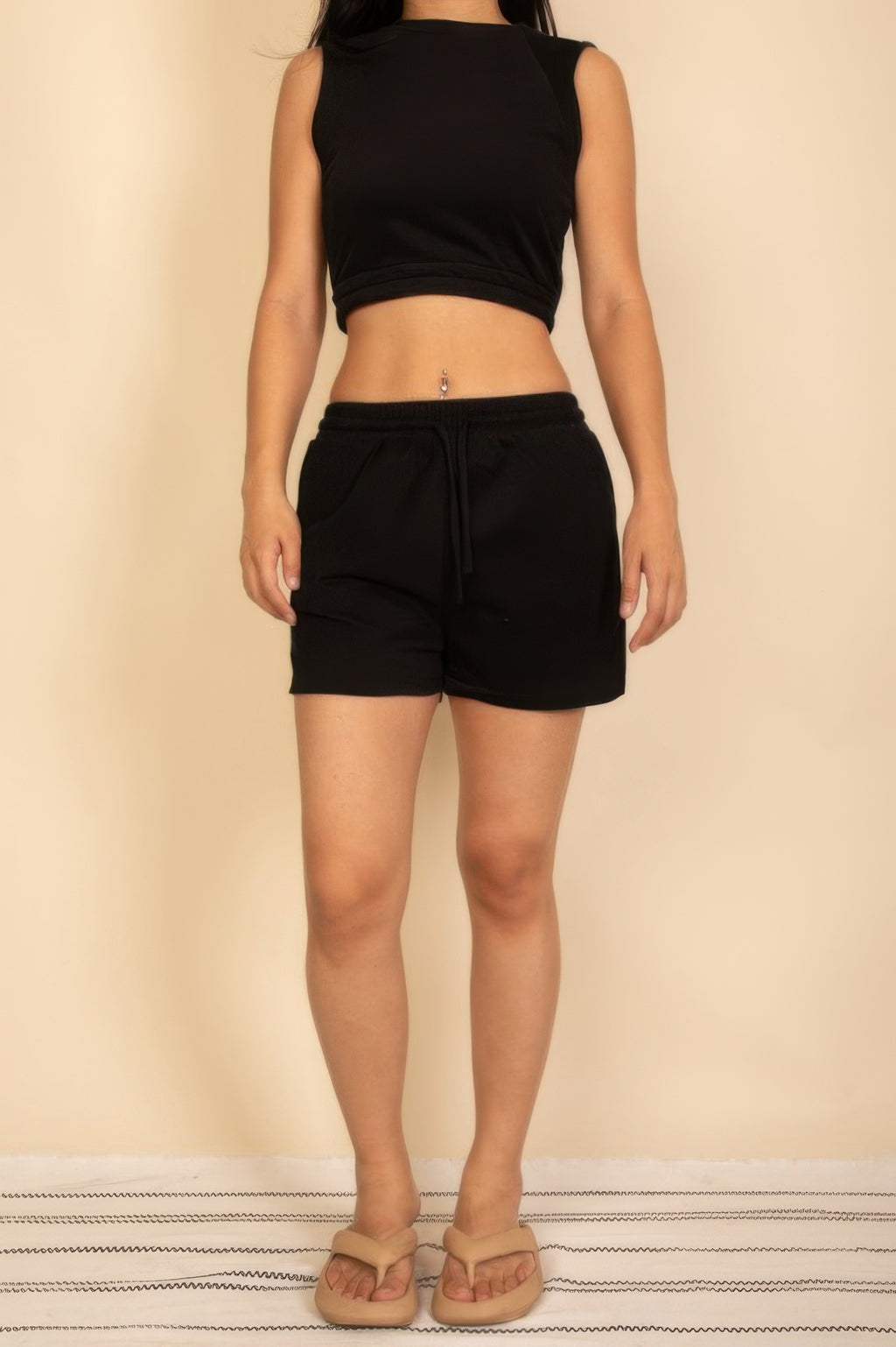 Black crop top and drawstring shorts set, sleeveless cotton French terry