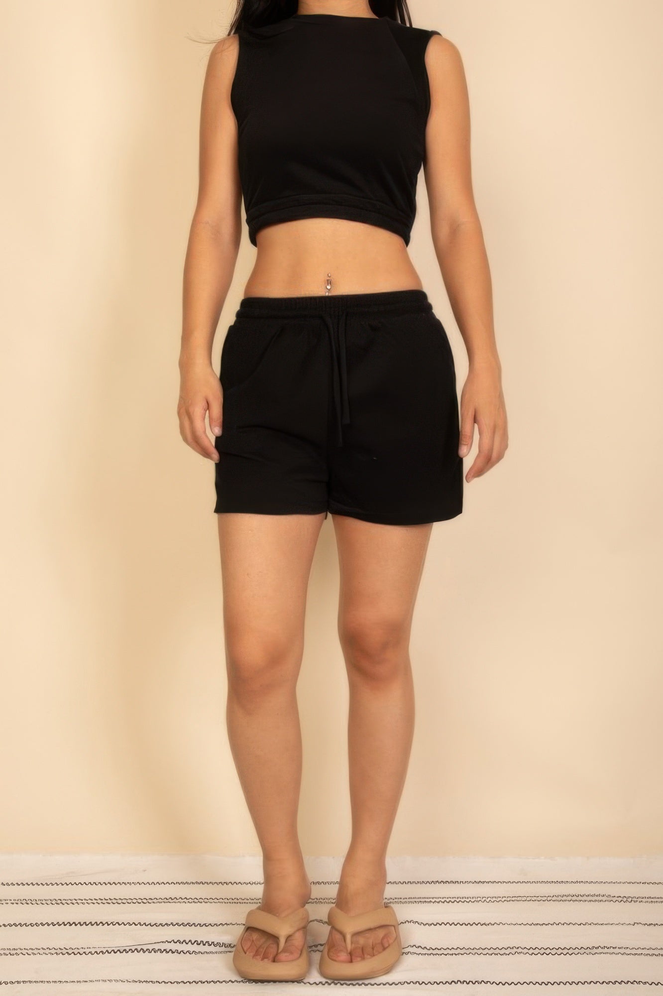 Black crop top and drawstring shorts set, sleeveless cotton French terry