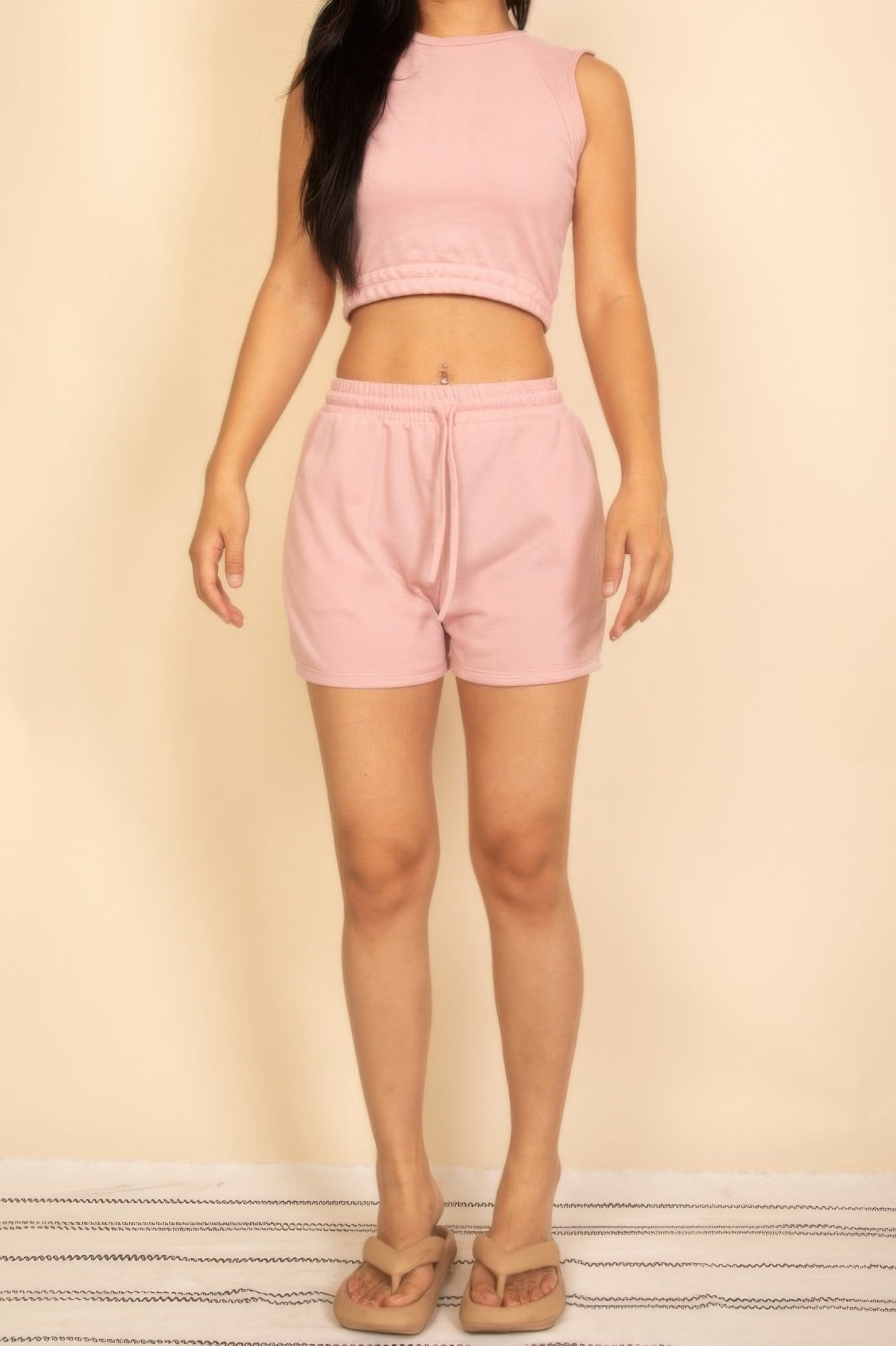 Dusty pink crop top and drawstring shorts set, sleeveless cotton French terry