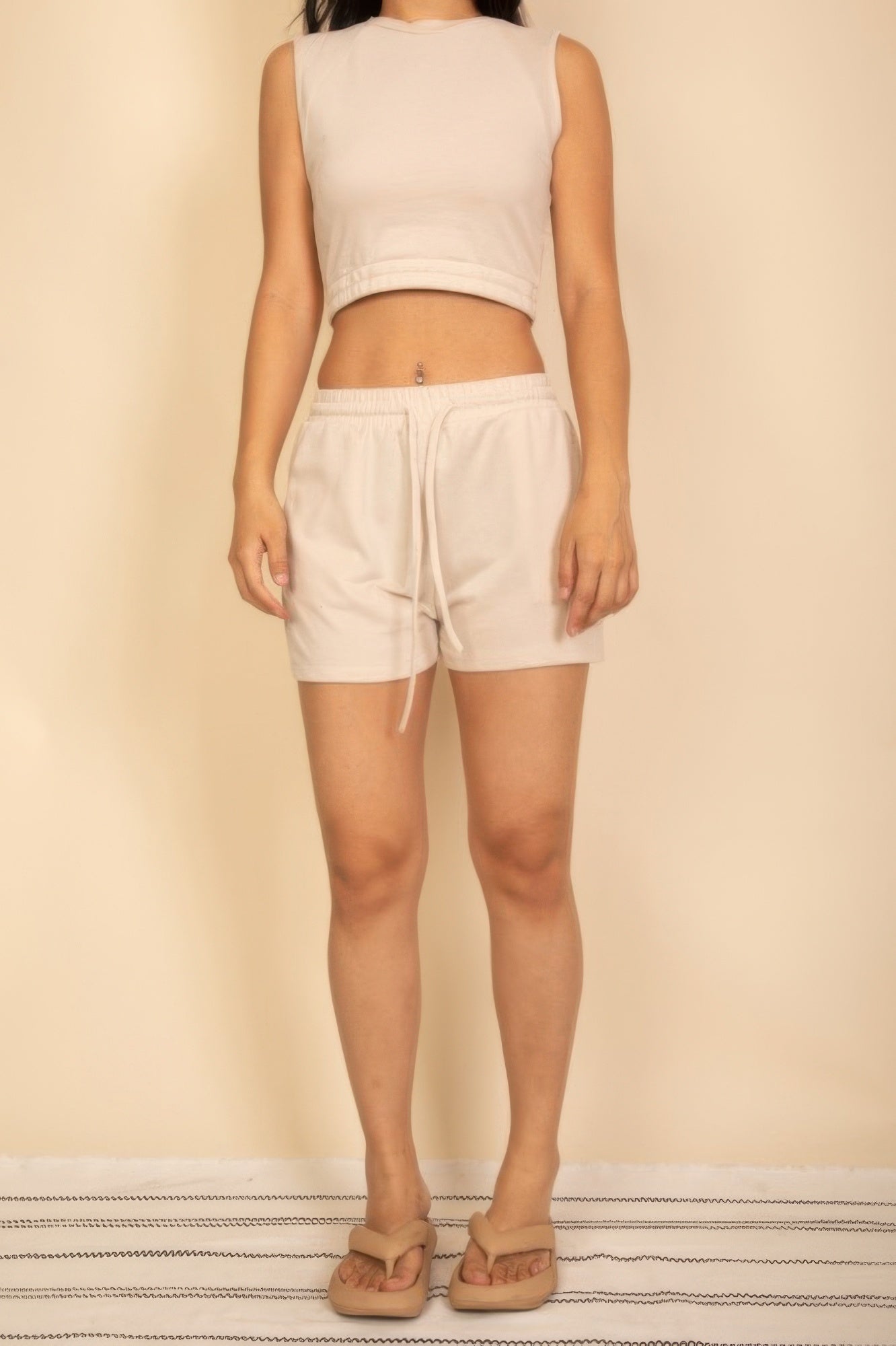 Cotton French terry crop top & shorts set, light beige, sleeveless; drawstring shorts