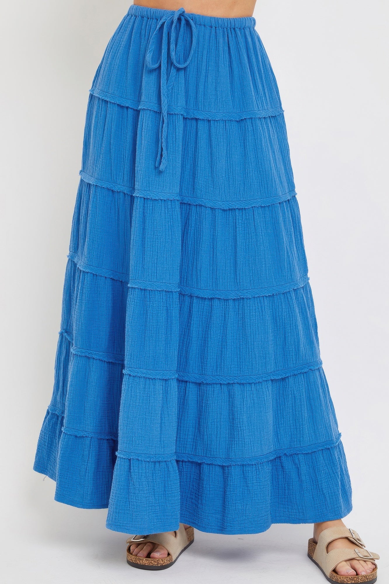 Blue tiered maxi skirt in cotton gauze, elastic waist with drawstring