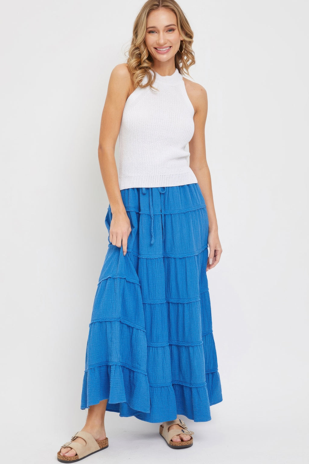 Blue tiered maxi skirt with layered ruffle tiers and elastic drawstring waist