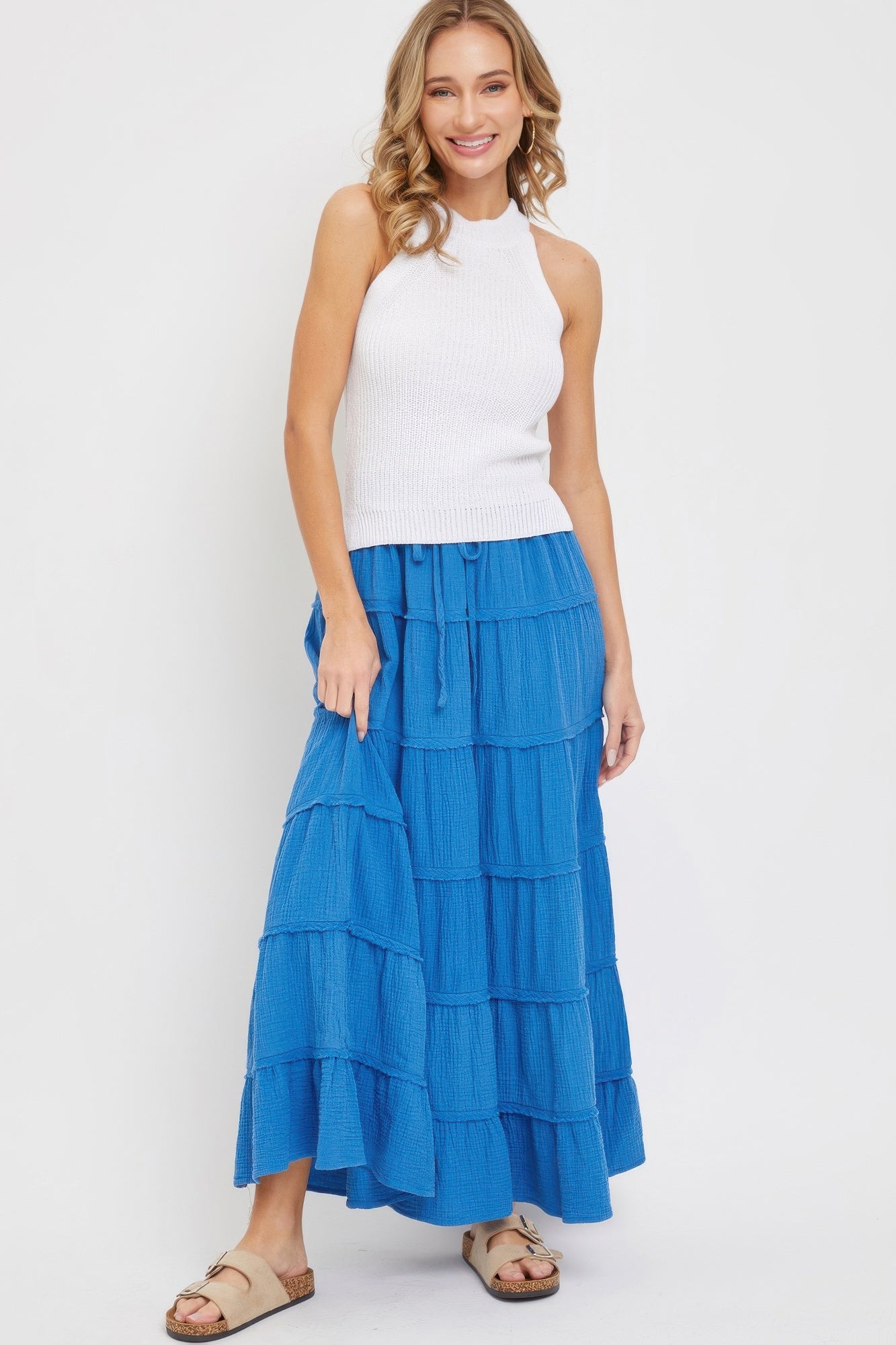 Blue tiered maxi skirt with layered ruffle tiers and elastic drawstring waist