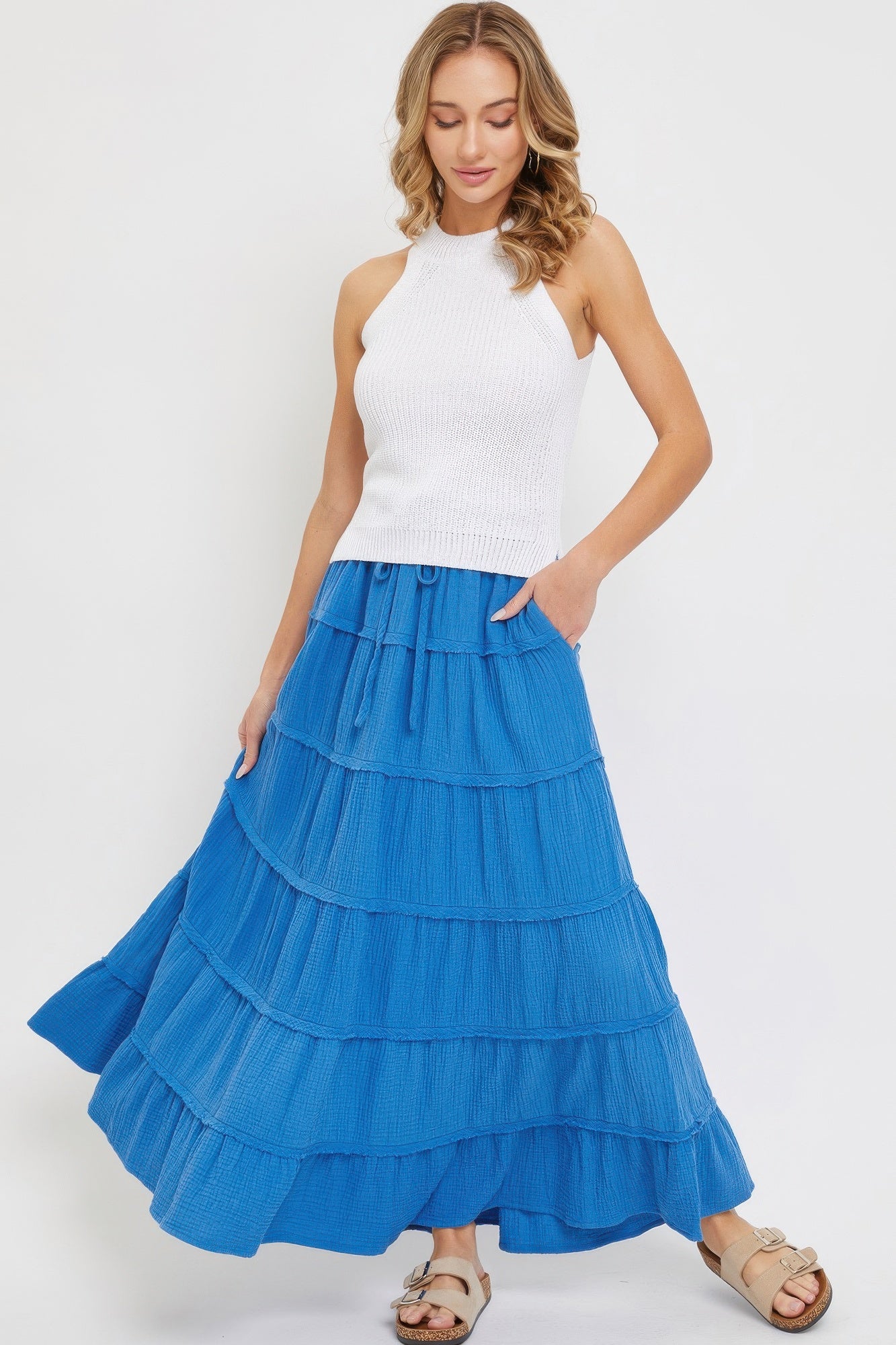 Blue cotton gauze tiered maxi skirt, layered ruffle tiers and drawstring waist