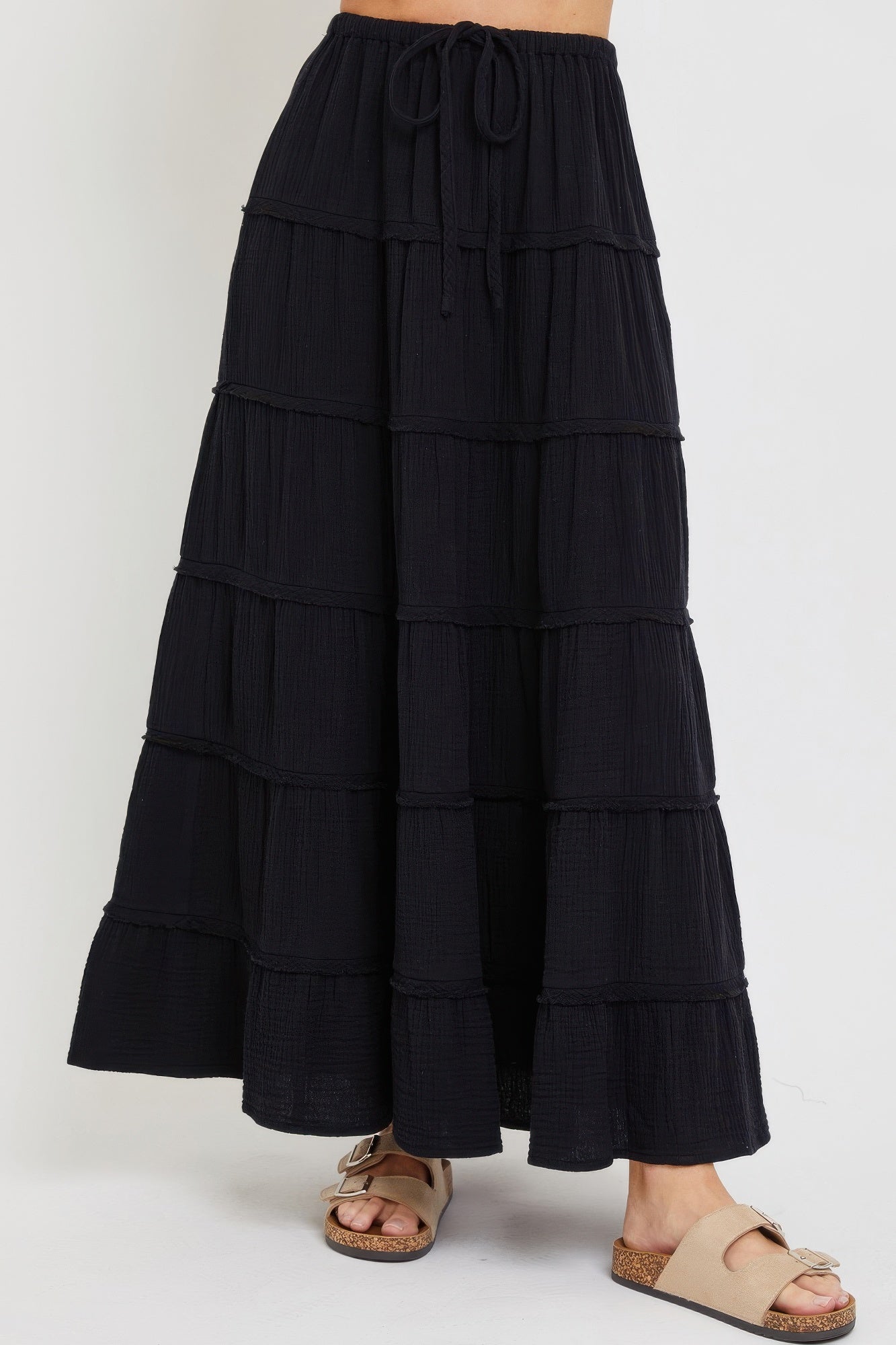 Black tiered maxi skirt in cotton gauze, elastic waist with drawstring