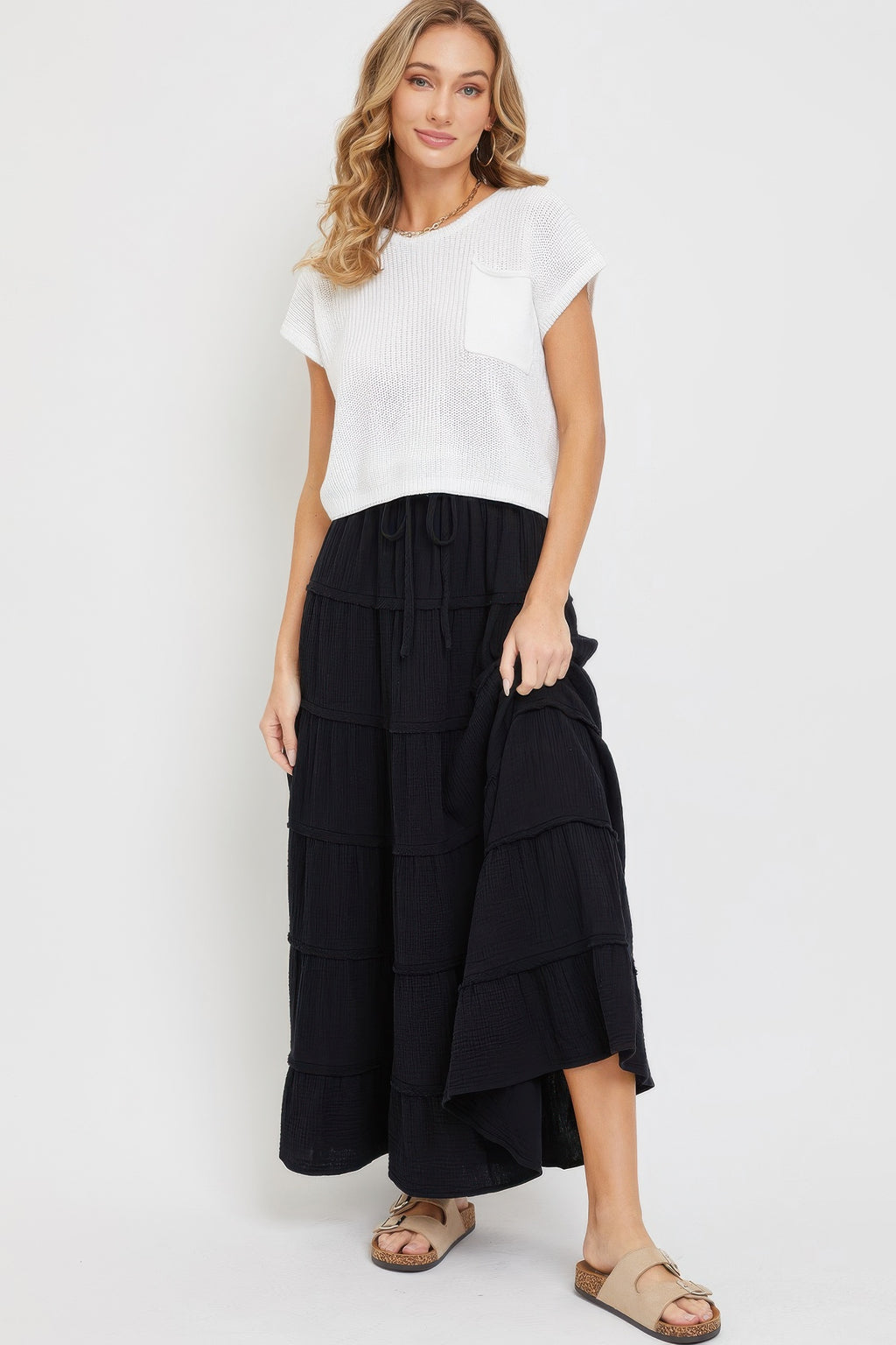 Cotton gauze tiered maxi skirt, black, tiered ruffle design and drawstring waist