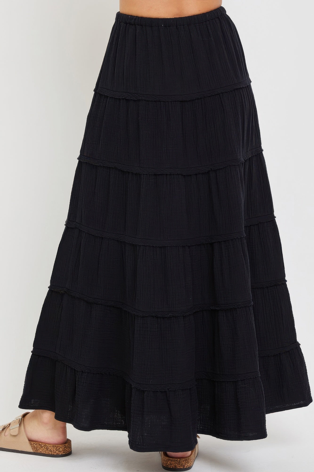 Black tiered maxi skirt in cotton gauze, layered ruffles and elastic drawstring waist