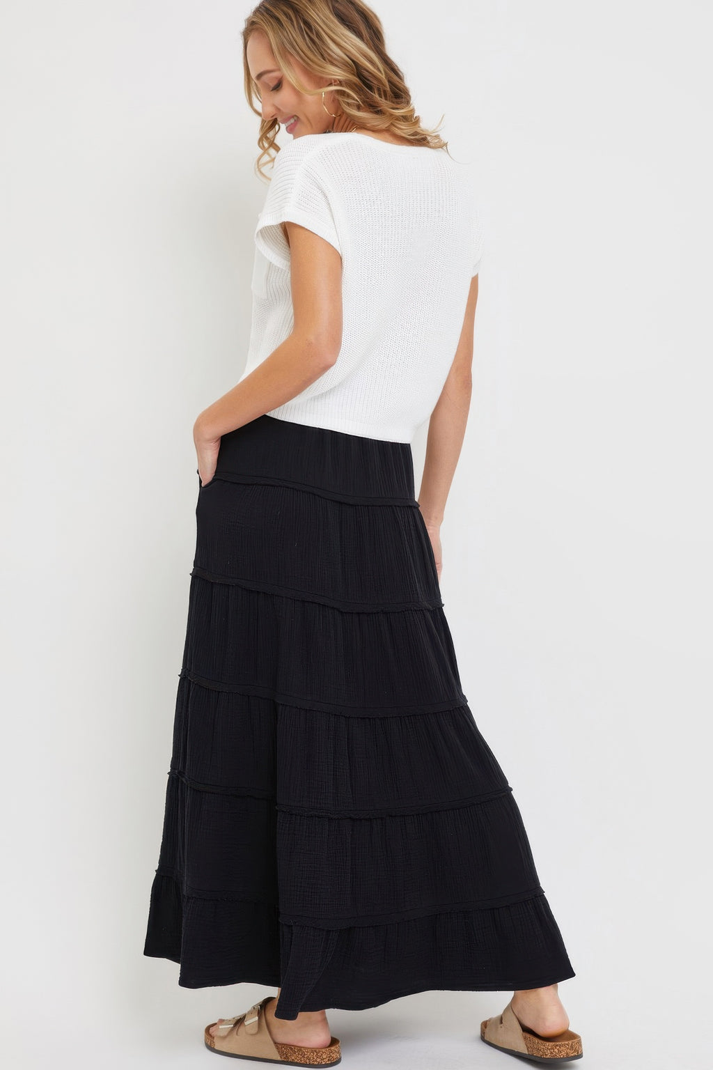 Black cotton gauze tiered maxi skirt, full length with stacked ruffle tiers