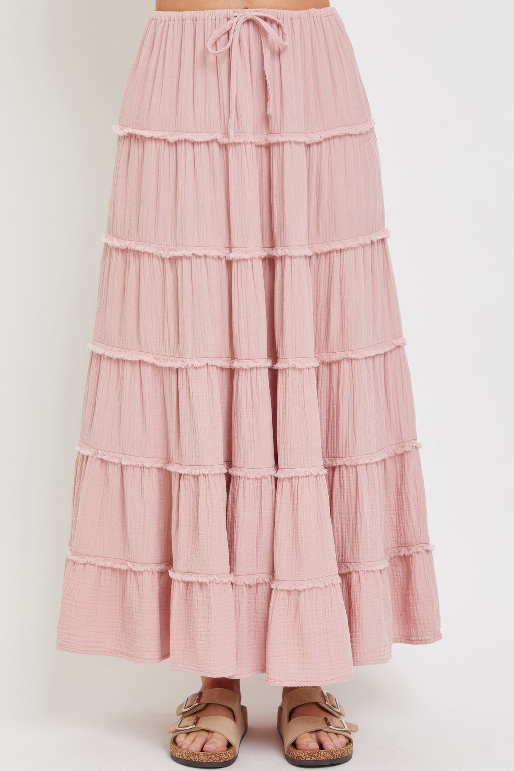Cotton gauze tiered maxi skirt, blush pink, tiered ruffles and drawstring waistband