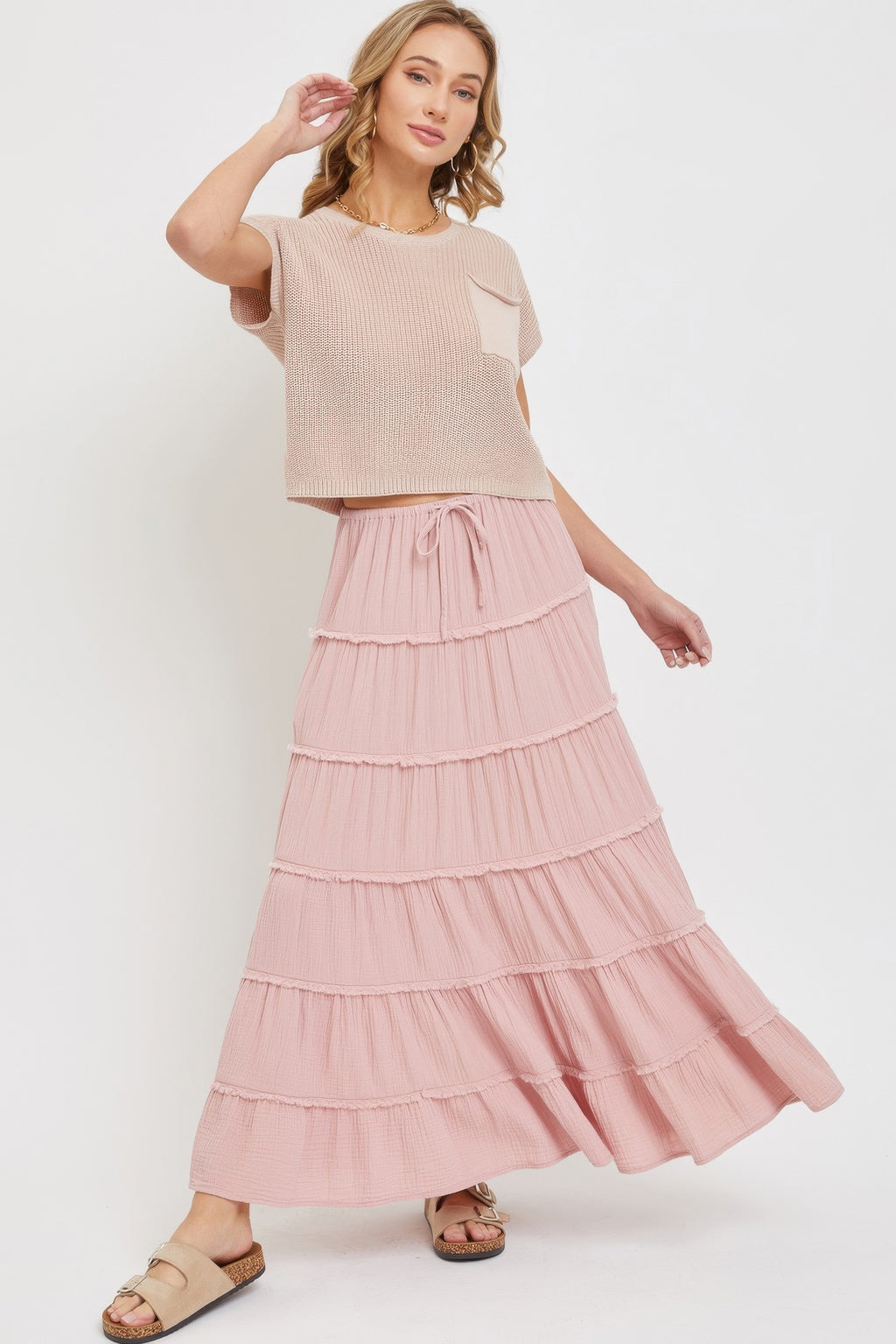 Blush pink cotton gauze tiered maxi skirt, layered ruffle tiers with tie waist