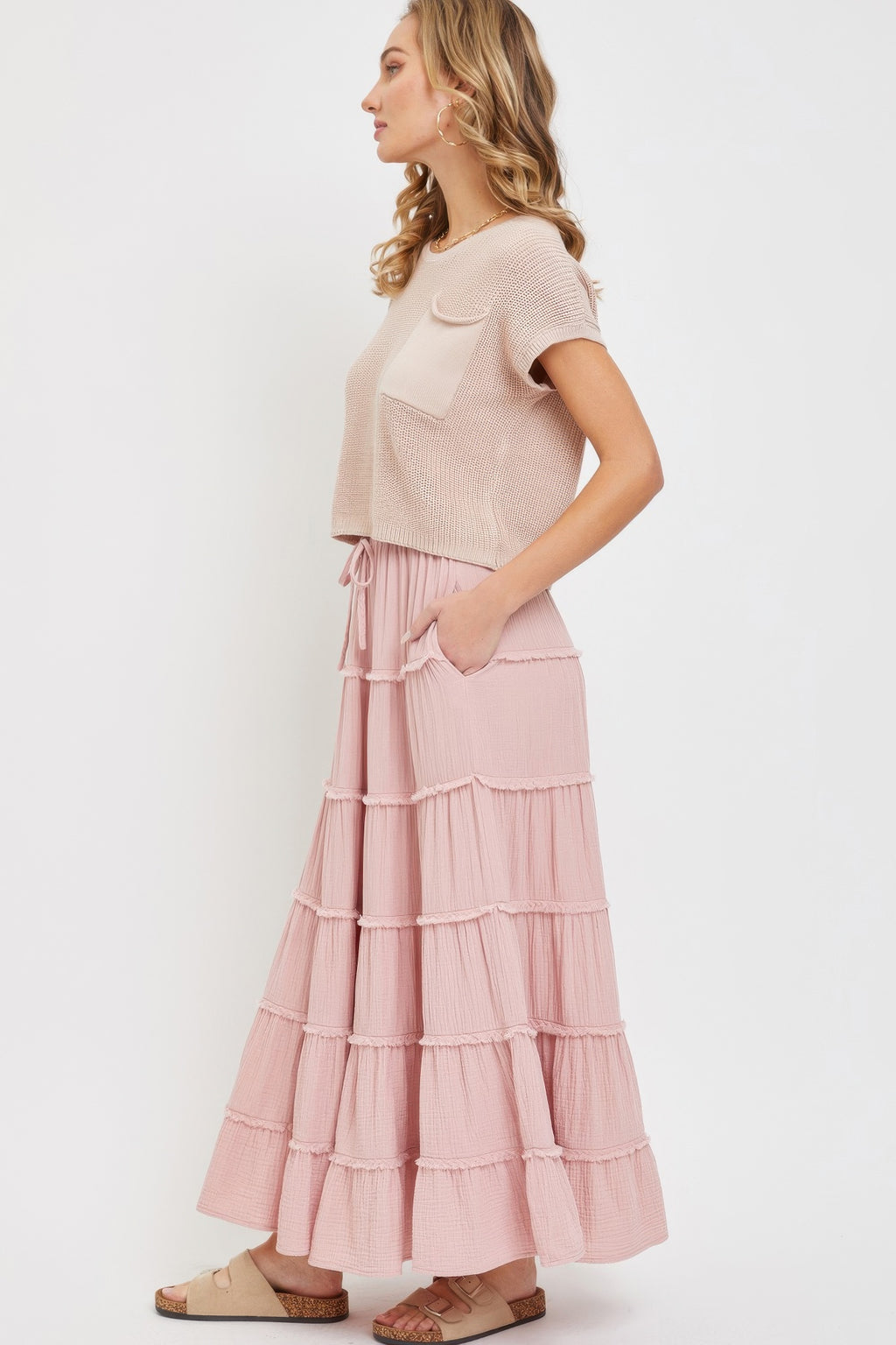 Blush pink cotton gauze tiered maxi skirt, side view with drawstring tie at waist