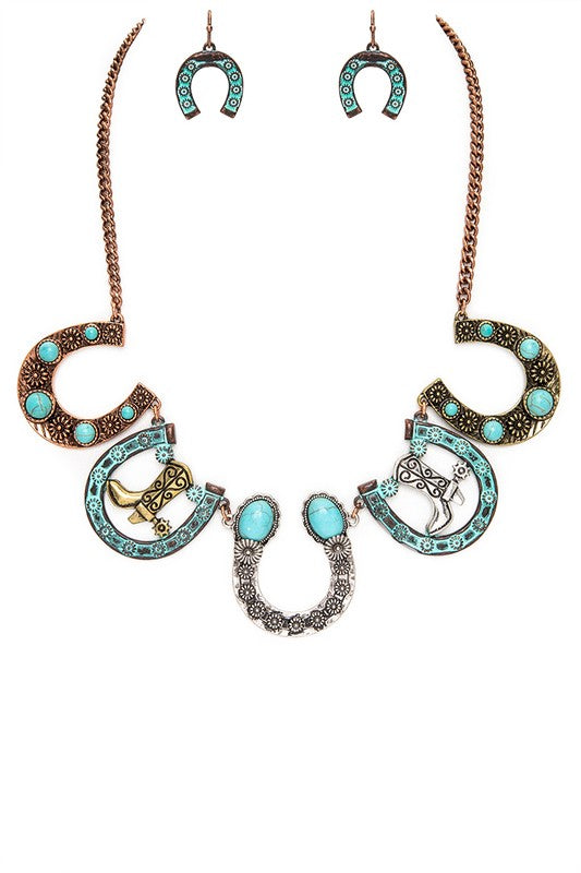 Turquoise cowboy necklace set with horseshoe and boot charms, O/S