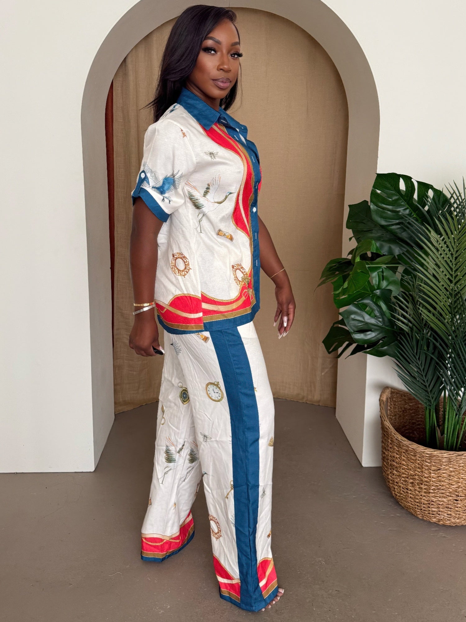 Ivory button-front shirt and matching pants set, side view, bold nautical border print