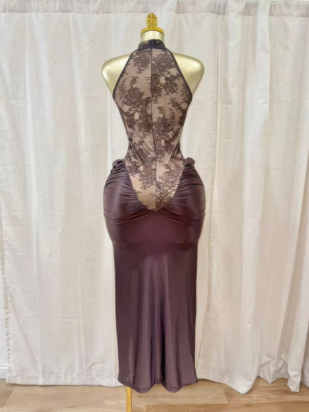 Halter lace hourglass dress, sheer back panel and ruched bust, dark plum maxi length