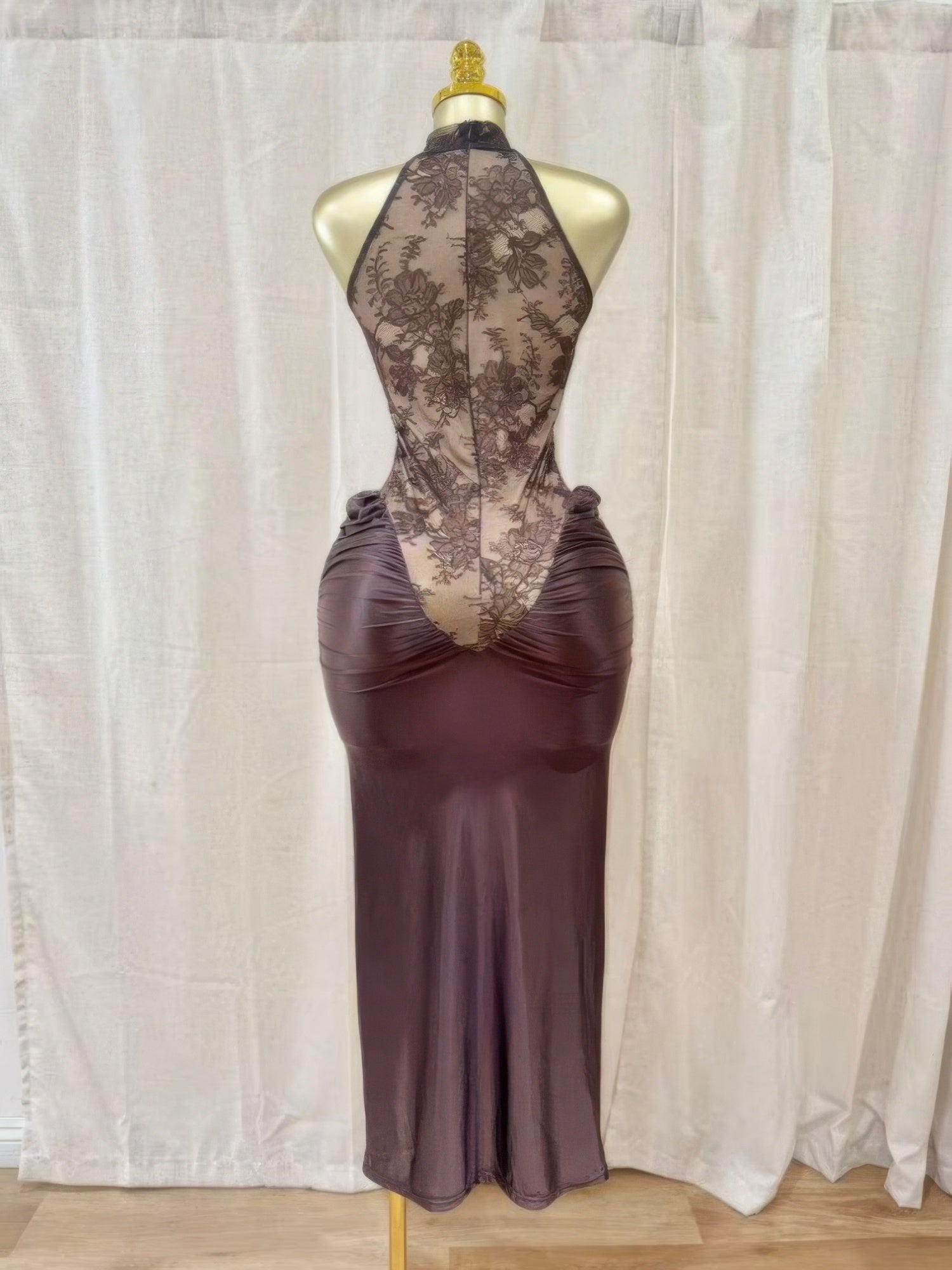 Halter lace hourglass dress, sheer back panel and ruched bust, dark plum maxi length
