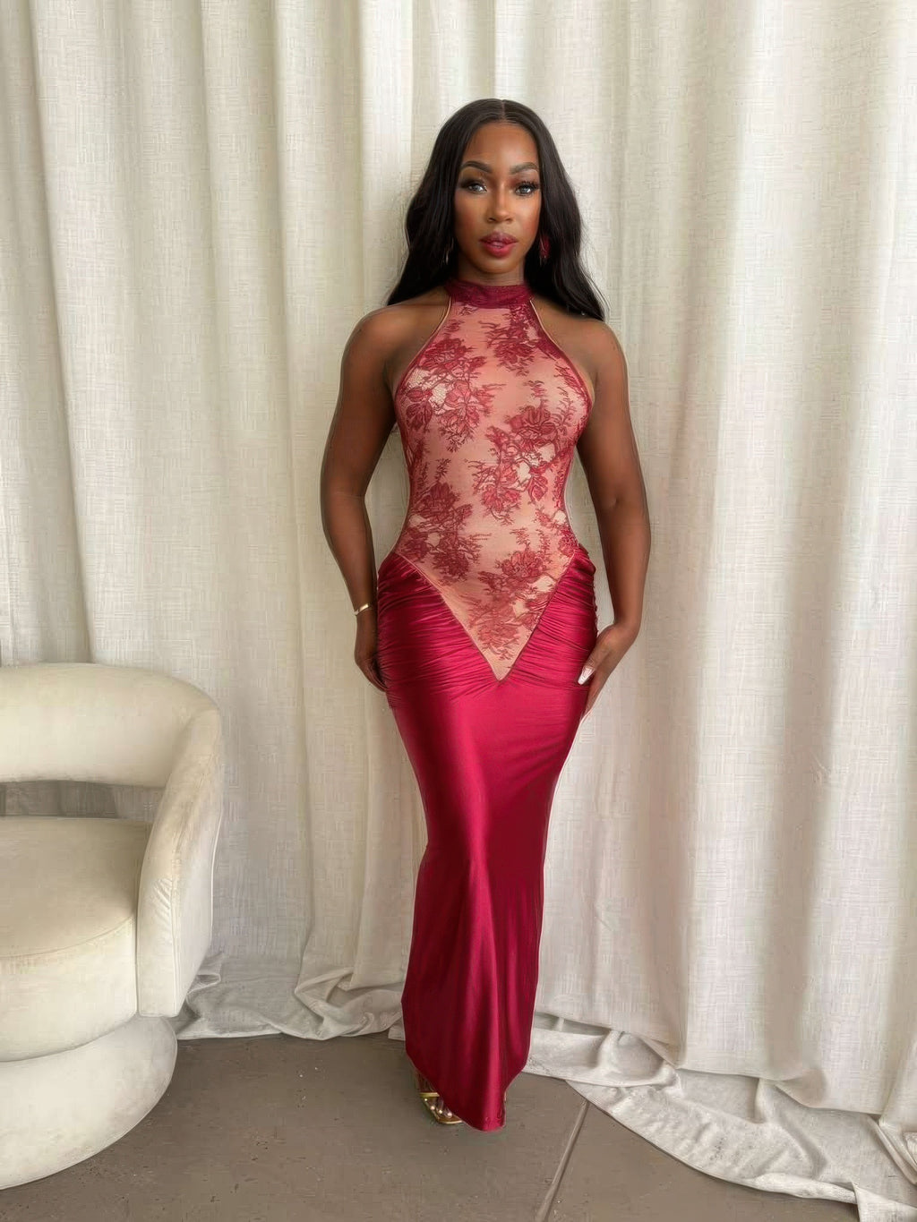 Crimson satin lace hourglass dress with high halter neckline, sheer floral bodice
