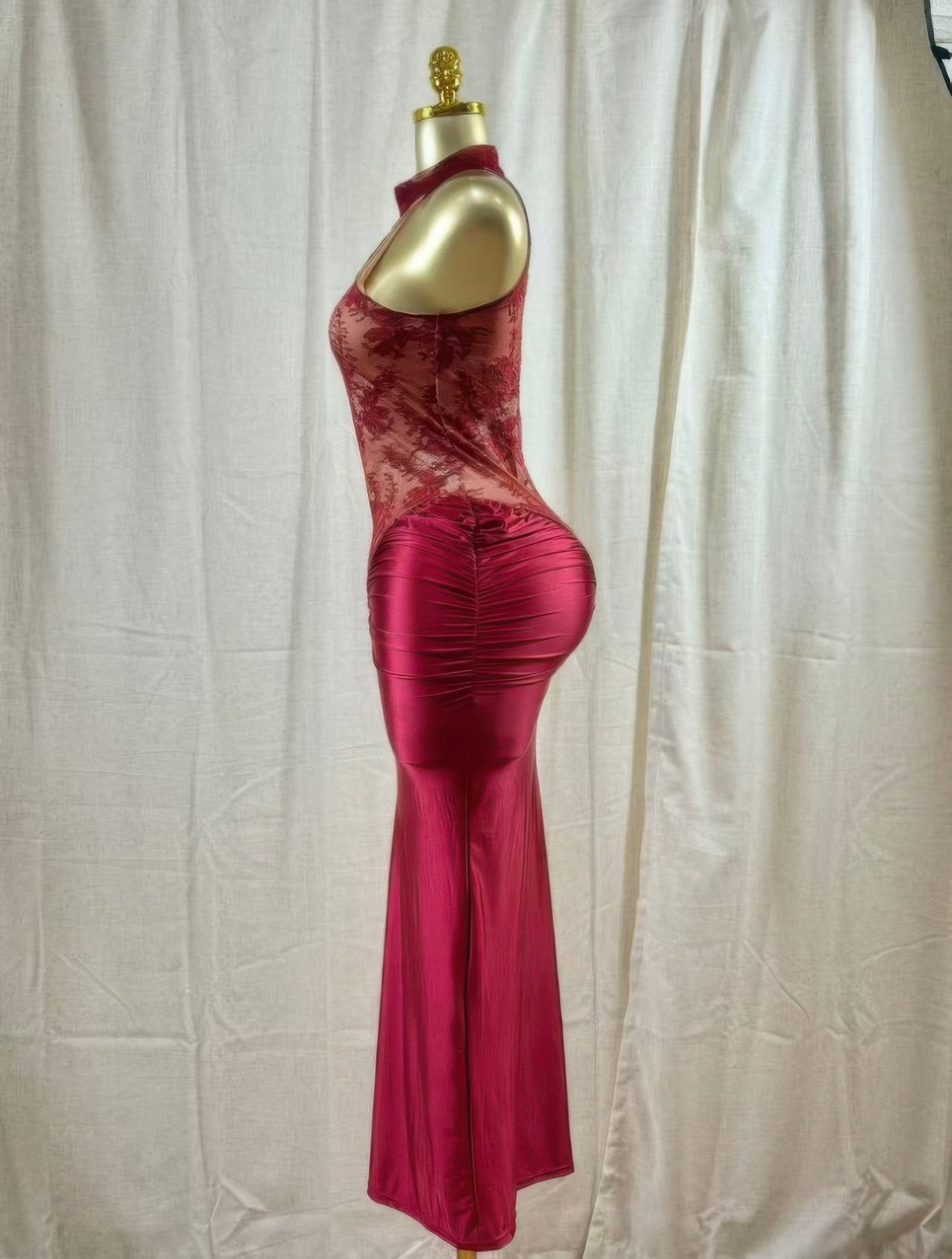 Crimson lace hourglass dress, red satin skirt with ruched waist detail